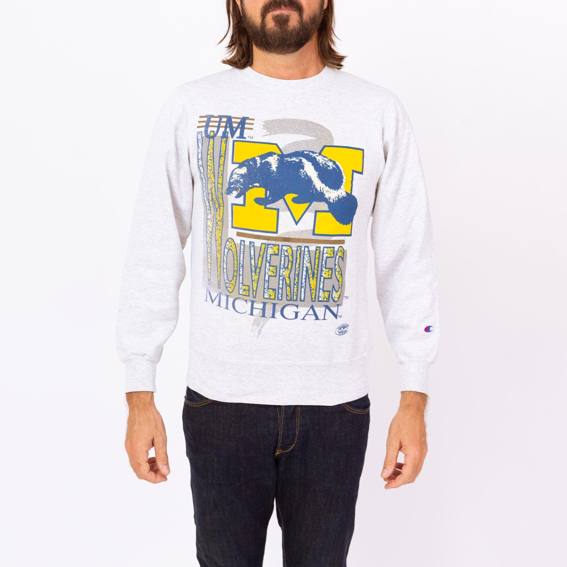 Vintage 90s University Of Michigan Wolverines Sweatshirt - Small | Champion Heather Grey Collegiate Pullover Crew Neck