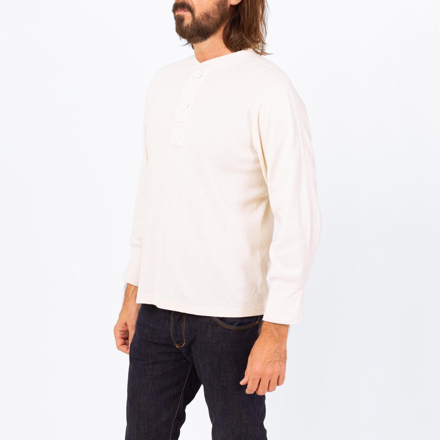 Vintage 70s Cream Wool & Cotton Thermal Henley Shirt - Medium | Plain Long Sleeve Military Undershirt Top
