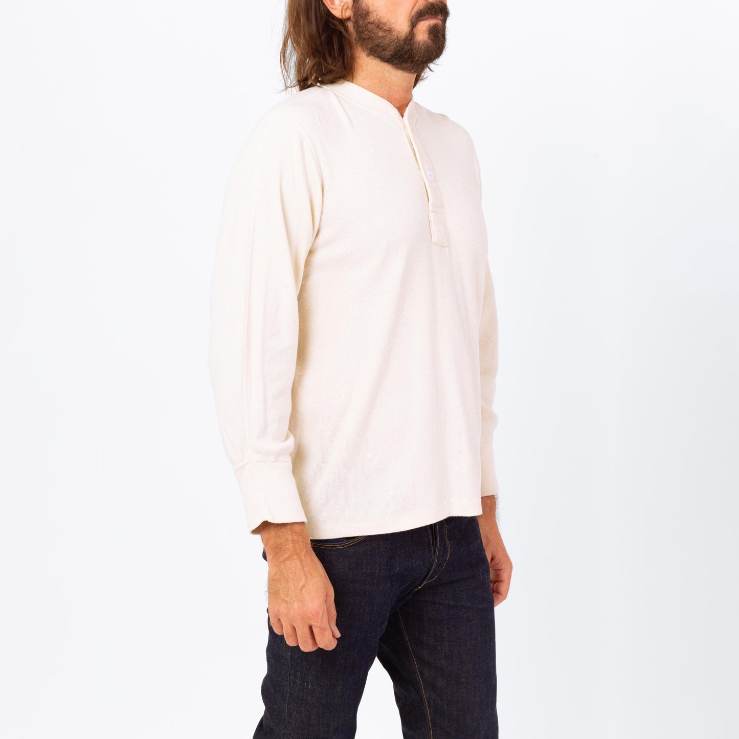 Vintage 70s Cream Wool & Cotton Thermal Henley Shirt - Medium | Plain Long Sleeve Military Undershirt Top