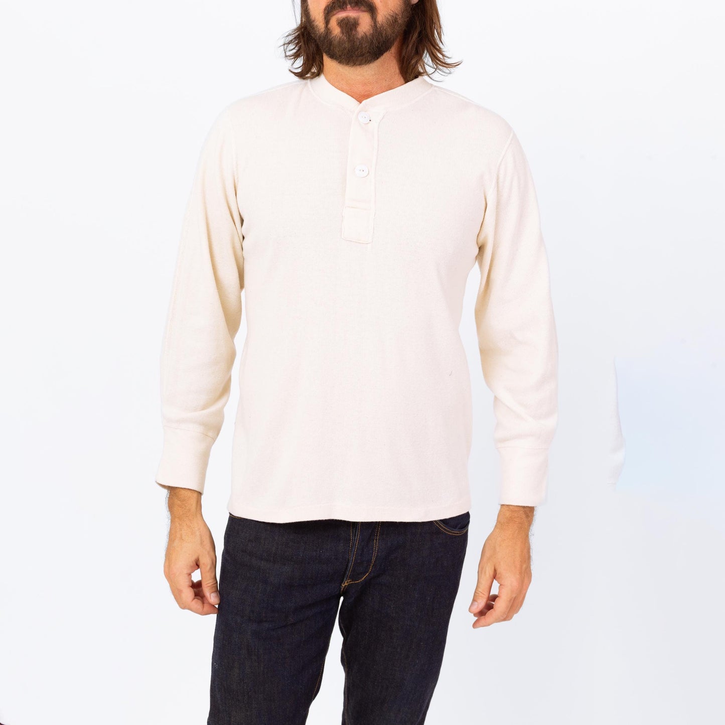 Vintage 70s Cream Wool & Cotton Thermal Henley Shirt - Medium | Plain Long Sleeve Military Undershirt Top