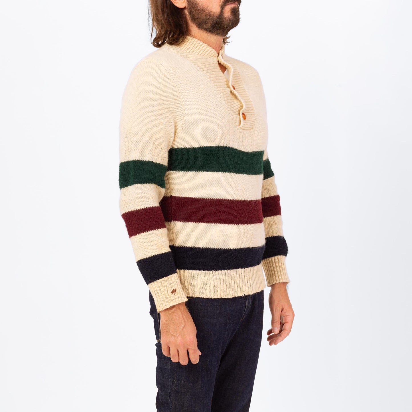 Vintage 70s Striped Knit Henley Sweater - Small | Button Up Long Sleeve Wool Pullover