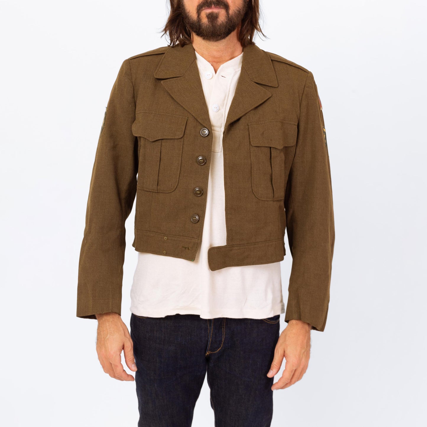 Vintage 1940s WWII Cropped Ike Army Jacket - Medium, 40R | Eisenhower Olive Drab Military Uniform Short Wool Coat