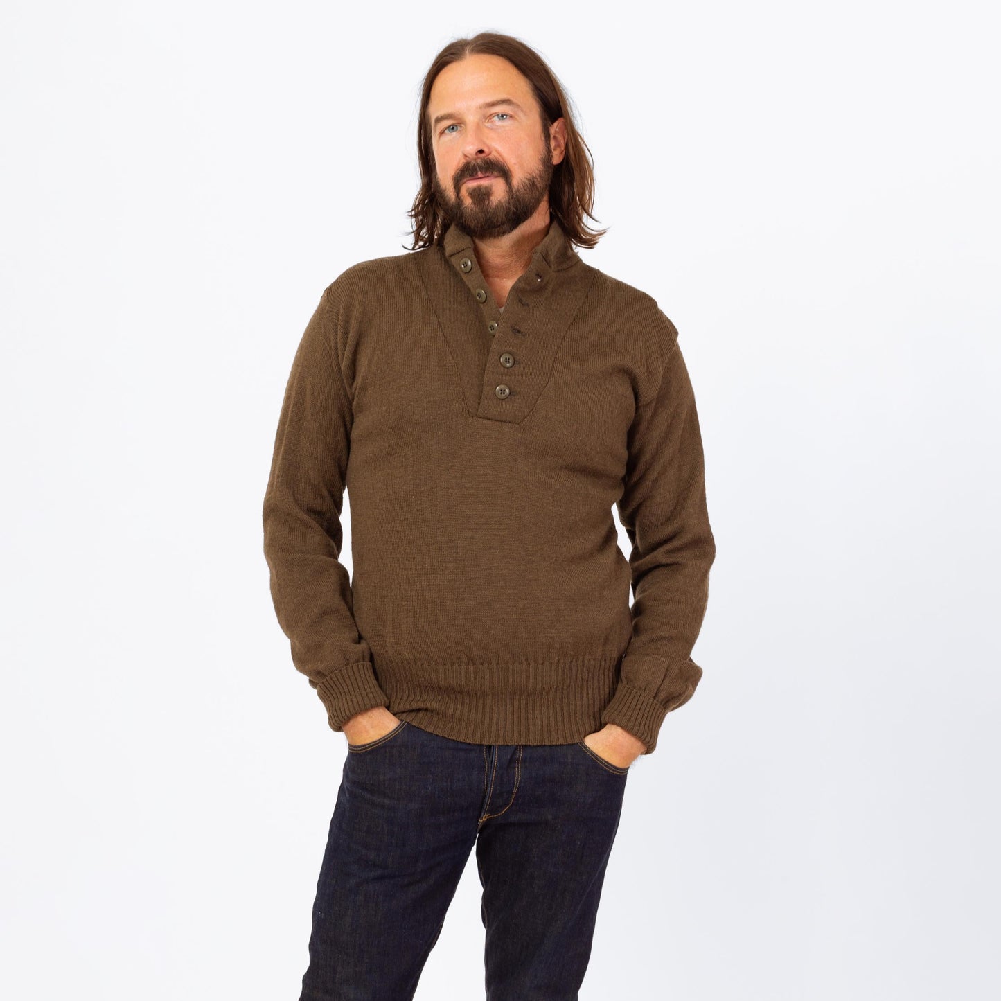 Vintage 90s Olive Wool Military Henley Sweater - Large | US Army Long Sleeve Fitted Pullover