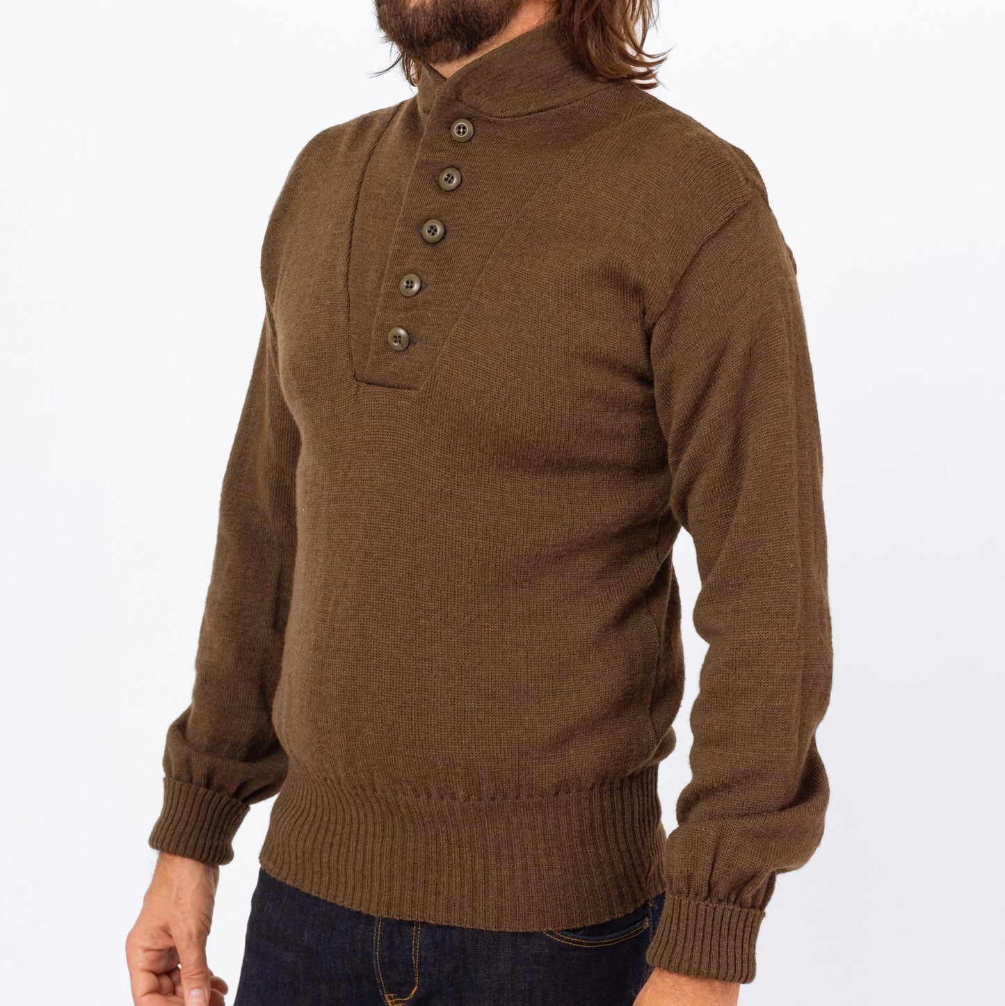 Vintage 90s Olive Wool Military Henley Sweater - Large | US Army Long Sleeve Fitted Pullover