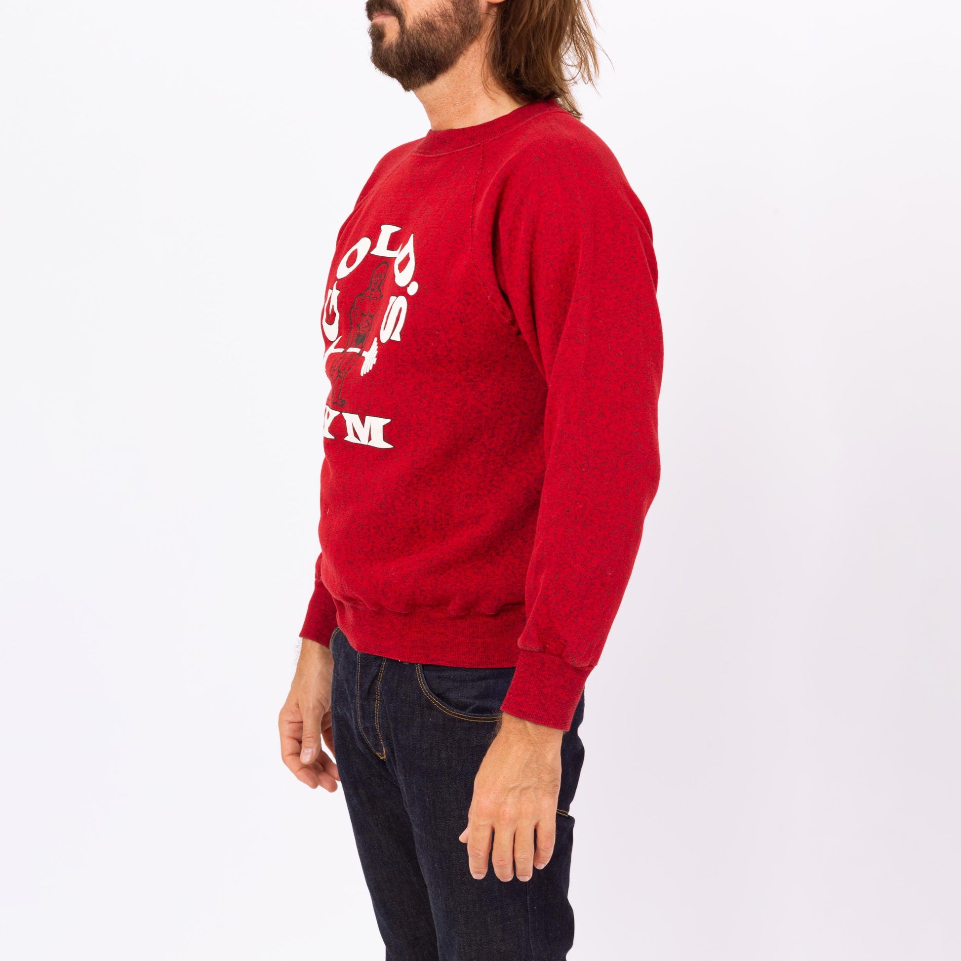 Vintage 90s Gold's Gym Crew Neck Sweatshirt - Medium | Red Weight Lifting Graphic Raglan Sleeve Pullover