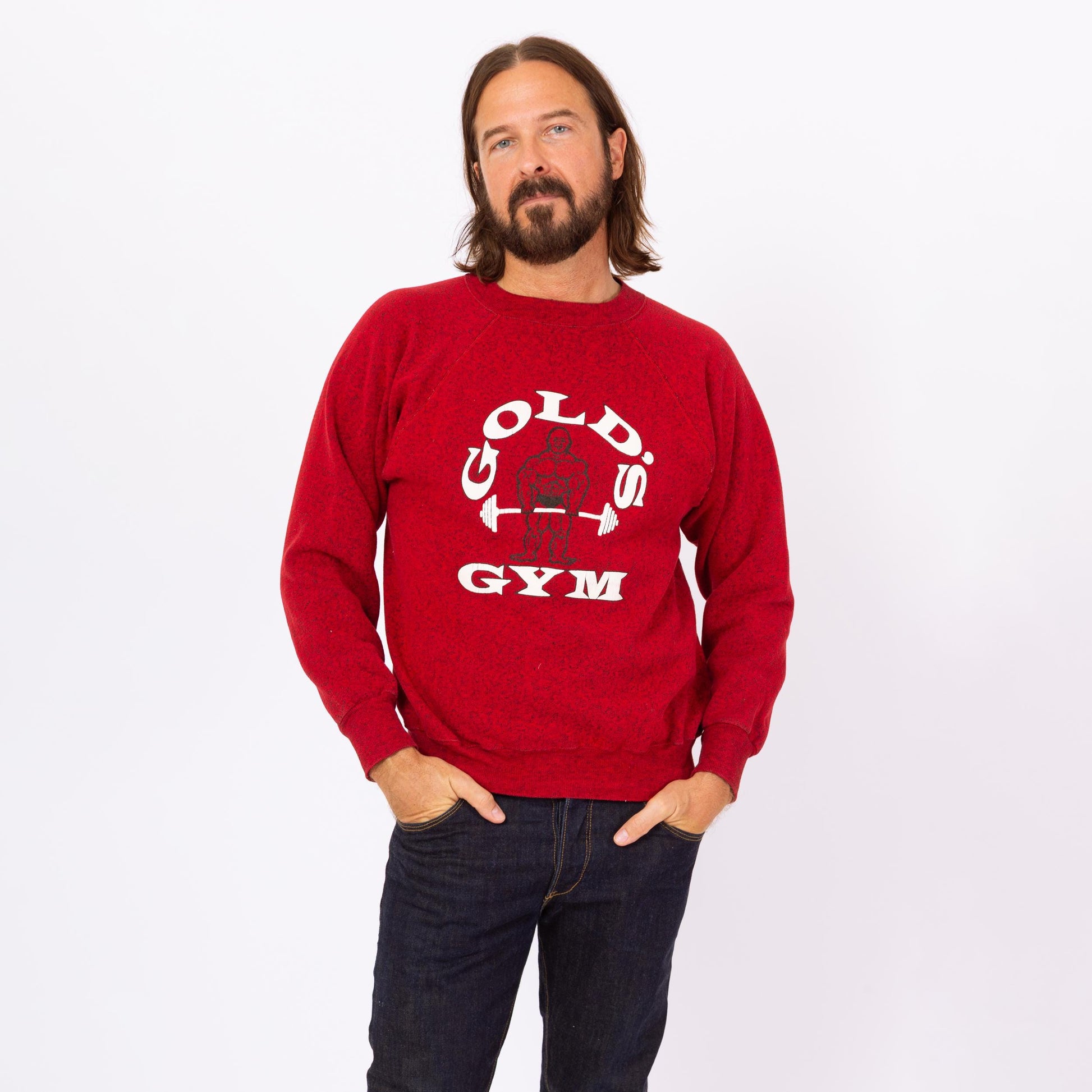Vintage 90s Gold's Gym Crew Neck Sweatshirt - Medium | Red Weight Lifting Graphic Raglan Sleeve Pullover