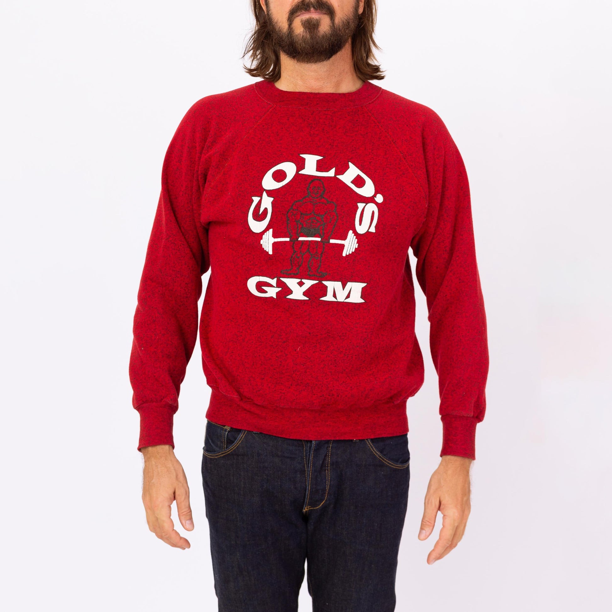 Vintage 90s Gold's Gym Crew Neck Sweatshirt - Medium | Red Weight Lifting Graphic Raglan Sleeve Pullover