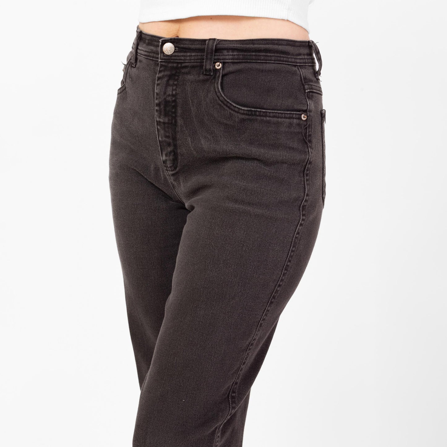 Vintage 90s Faded Black High Waisted Ankle Jeans - Medium, 29"-31" Waist | Bill Blass Denim Stretchy Curvy Fit Mom Jeans