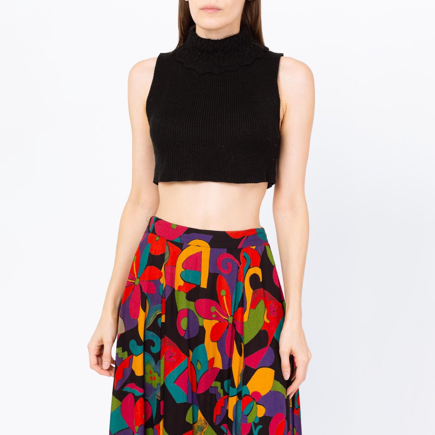 Vintage 70s Black Knit Sleeveless Crop Top - Small | Dickey Turtleneck Sweater Tank Top