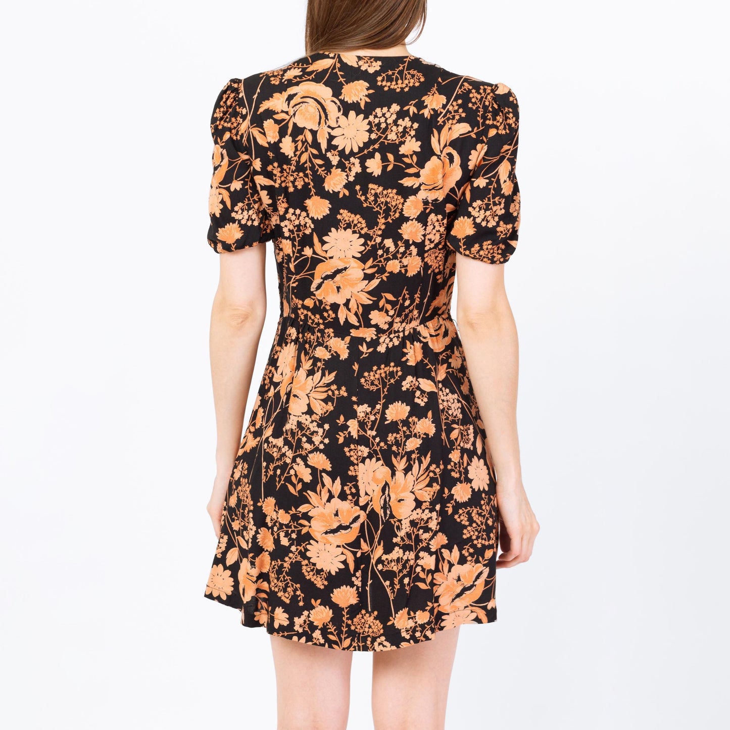 Vintage 90s Orange & Black Floral Floral Tie Front Mini Sundress - Small | Boho Flower Print Short Sleeve Summer Dress