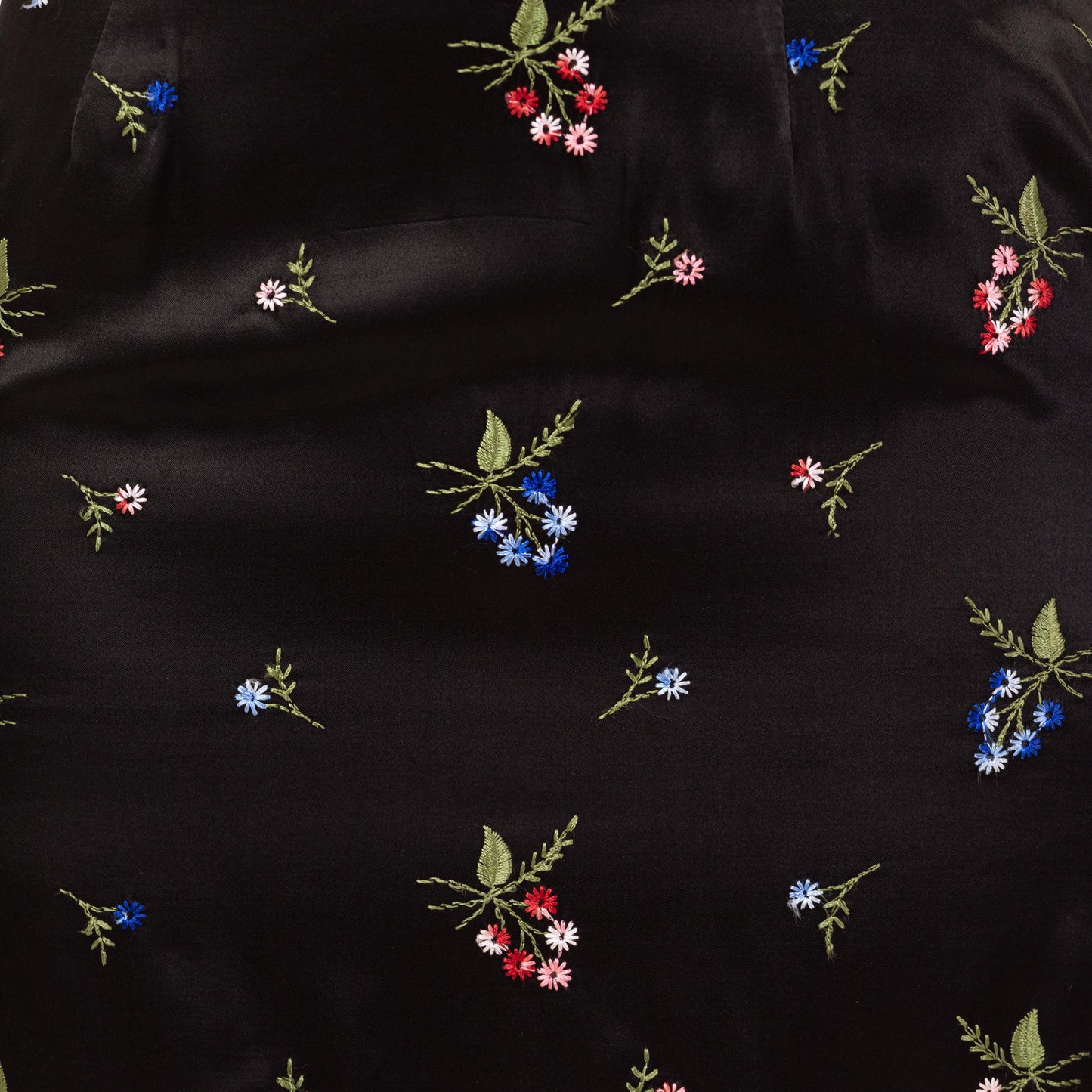 Vintage 90s Wildflower Floral Black Satin Mini Skirt - Small | High Waisted A Line Boho Embroidered Skirt