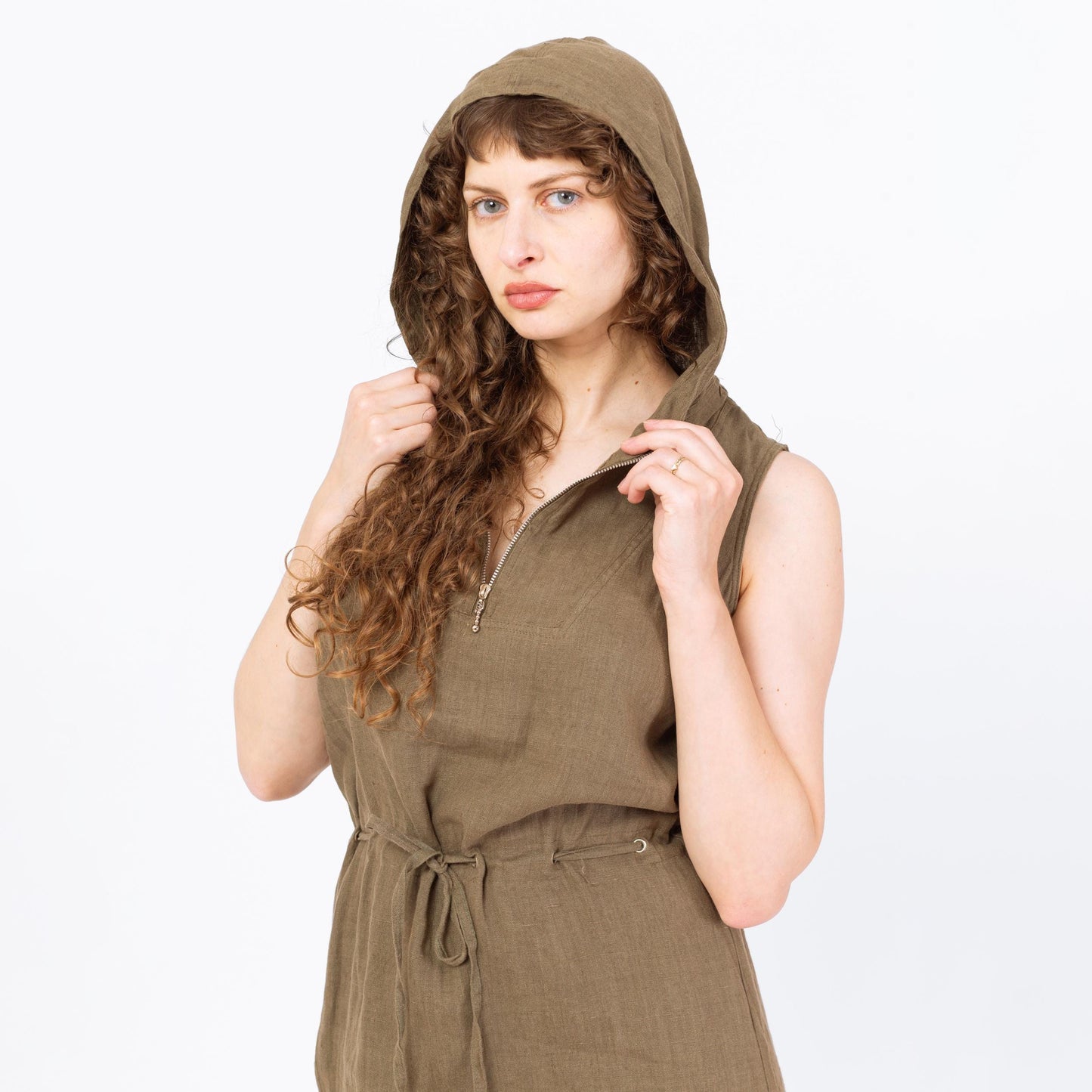 Vintage 90s Olive Green Hooded Linen Mini Dress - Medium | Grunge Drawstring Waist Sleeveless Minimalist Zip Up Safari Dress