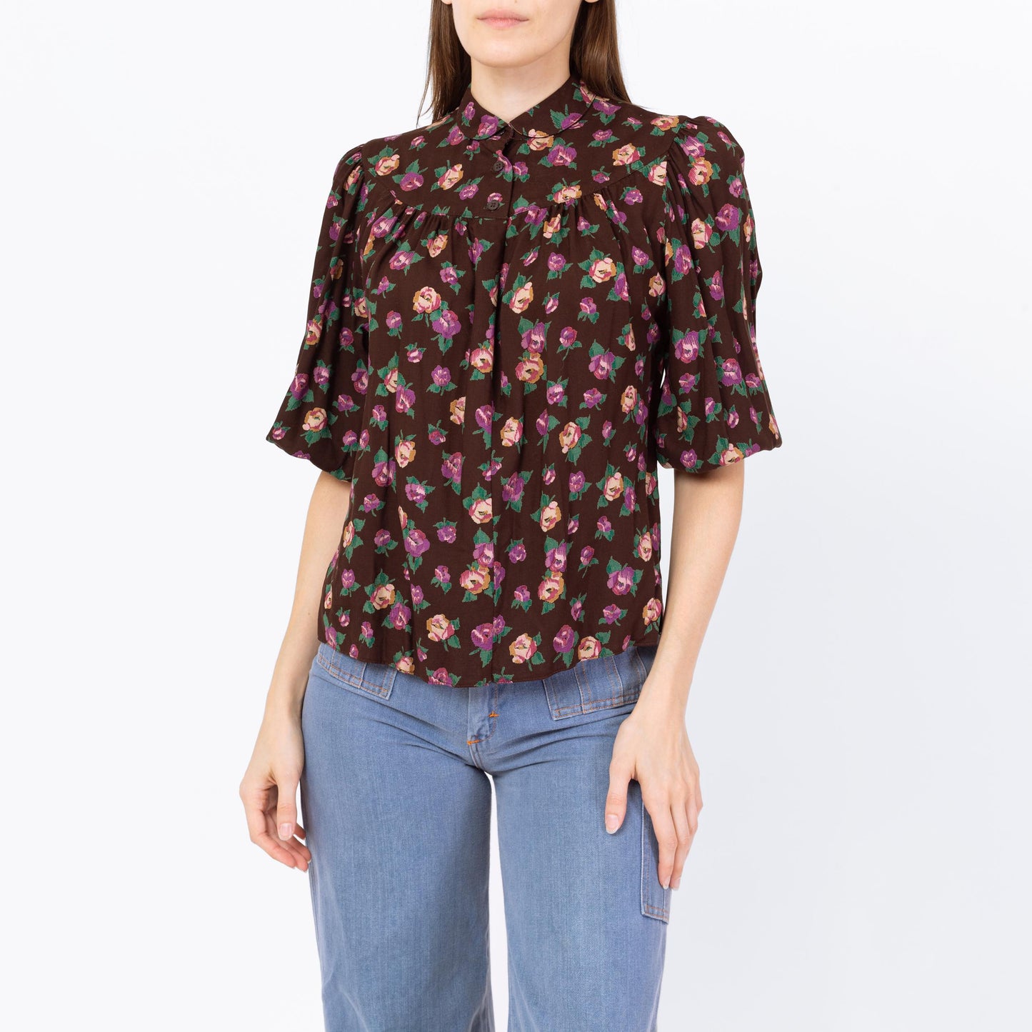 Vintage 70s Boho Brown Floral Balloon Sleeve Blouse - Small | Half Sleeve Peter Pan Collar Top, Flowy Button Up Shirt