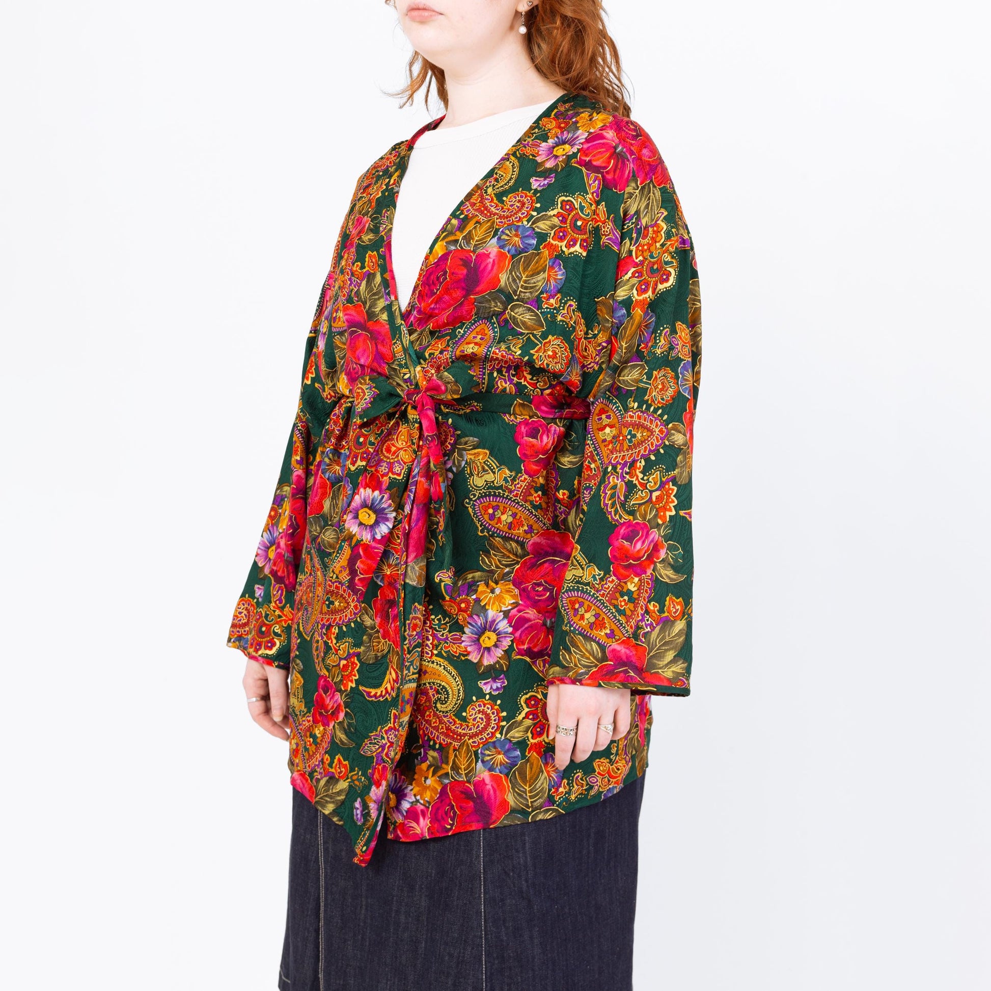 Vintage 90s Victoria's Secret Silk Floral Mini Robe - Medium to Large | Boho Paisley Print Satin Loungewear Kimono