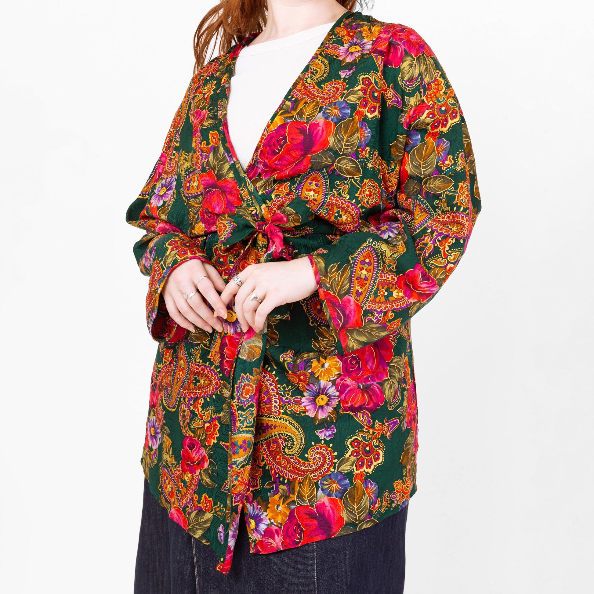 Vintage 90s Victoria's Secret Silk Floral Mini Robe - Medium to Large | Boho Paisley Print Satin Loungewear Kimono