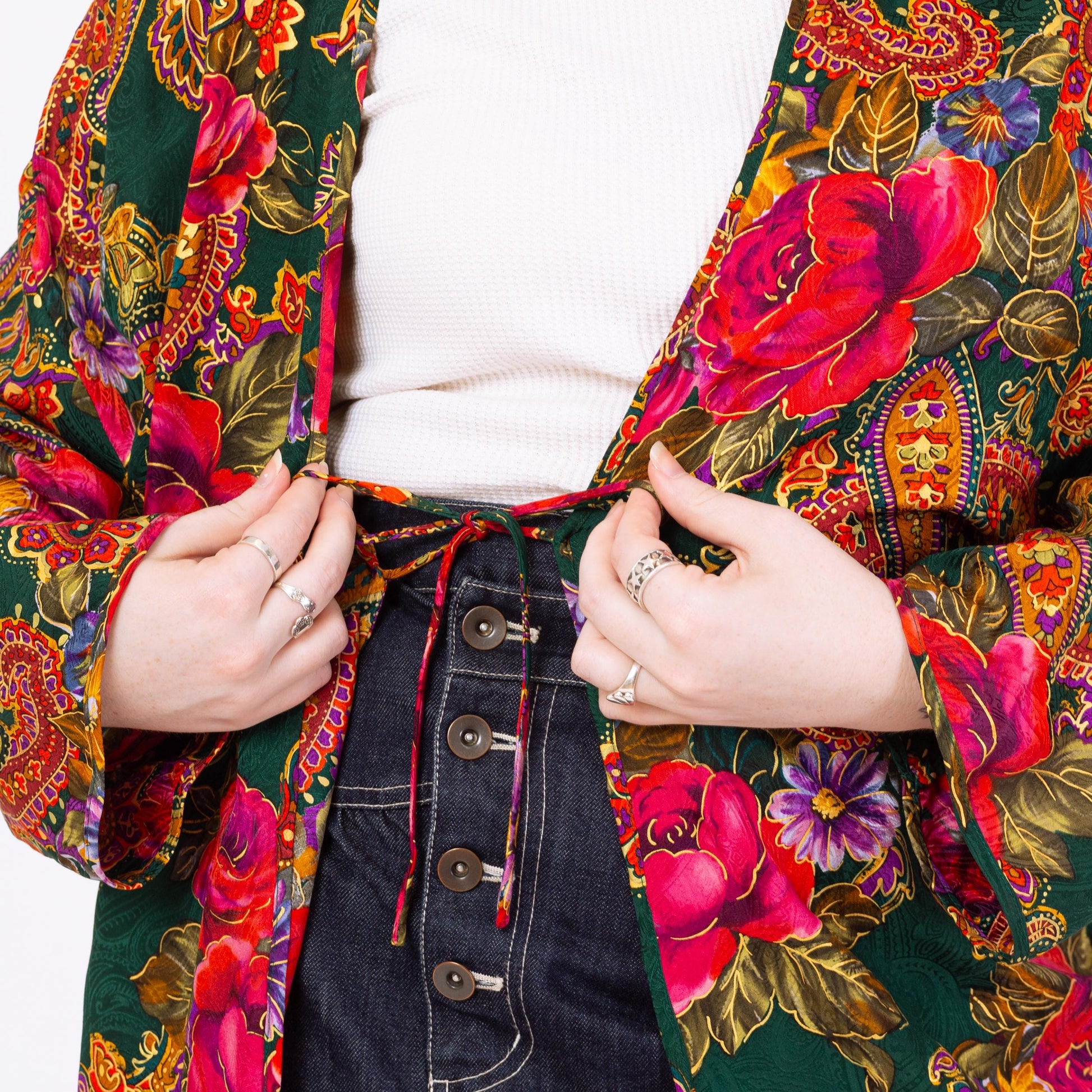 Vintage 90s Victoria's Secret Silk Floral Mini Robe - Medium to Large | Boho Paisley Print Satin Loungewear Kimono