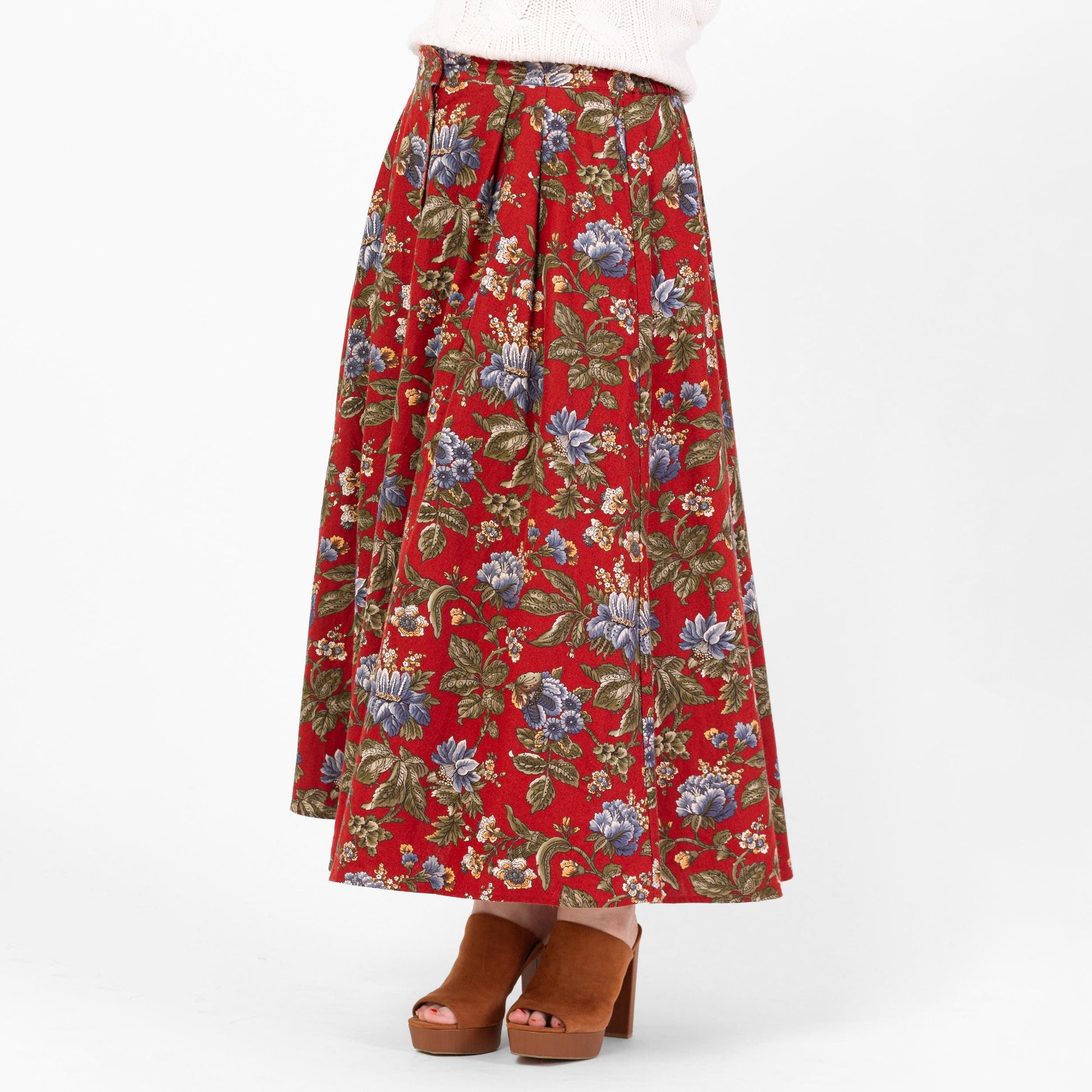 Vintage 90s Red Floral Button Front Maxi Skirt - Large, 32"-35" Waist | High Waisted Pleated Boho Long Linen Cotton Skirt