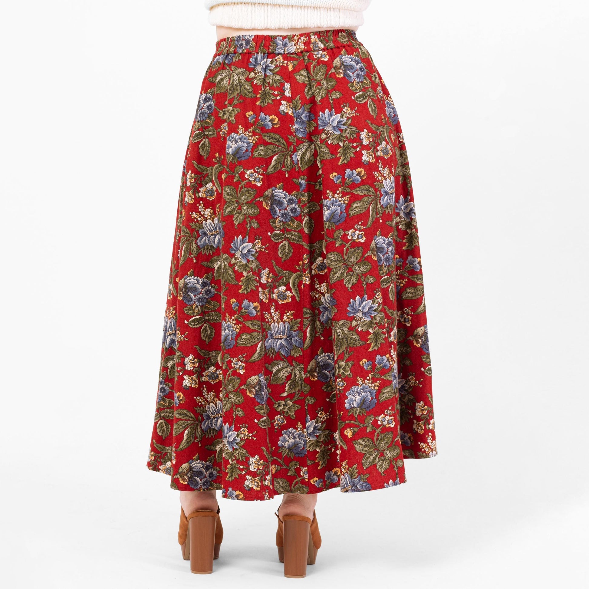 Vintage 90s Red Floral Button Front Maxi Skirt - Large, 32"-35" Waist | High Waisted Pleated Boho Long Linen Cotton Skirt