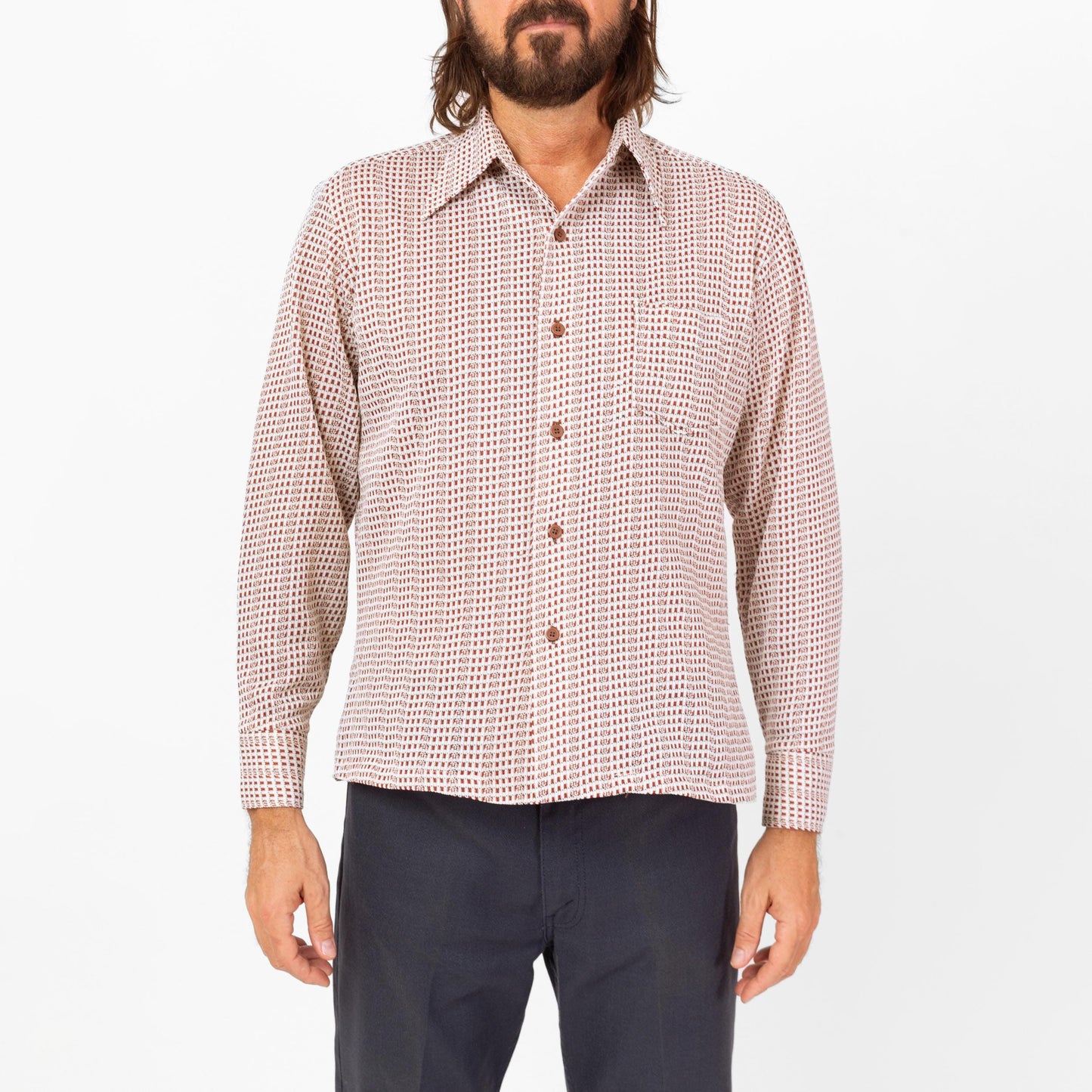 Vintage 70s Grid Plaid Knit Collared Shirt - Large | Retro White Red Plaid Button Down Long Sleeve Top