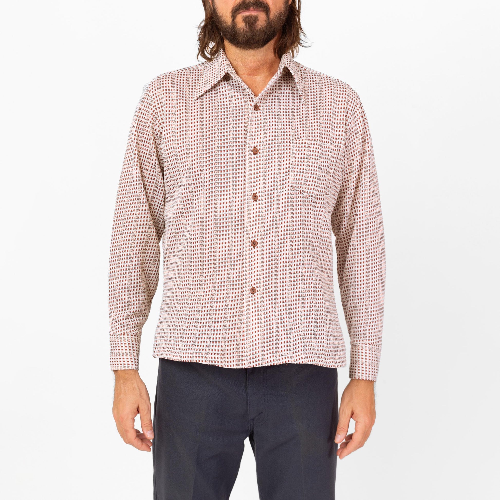 Vintage 70s Grid Plaid Knit Collared Shirt - Large | Retro White Red Plaid Button Down Long Sleeve Top