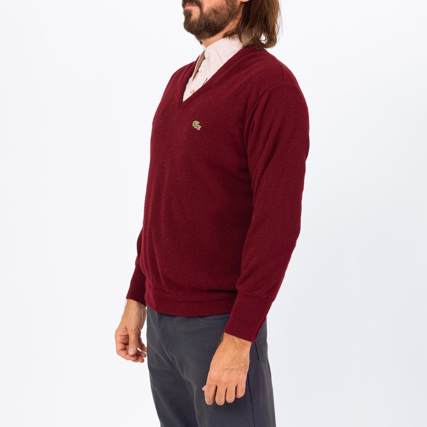 Vintage 80s Izod Lacoste Wine Red V Neck Sweater - Large | Preppy Burgundy Pullover Jumper