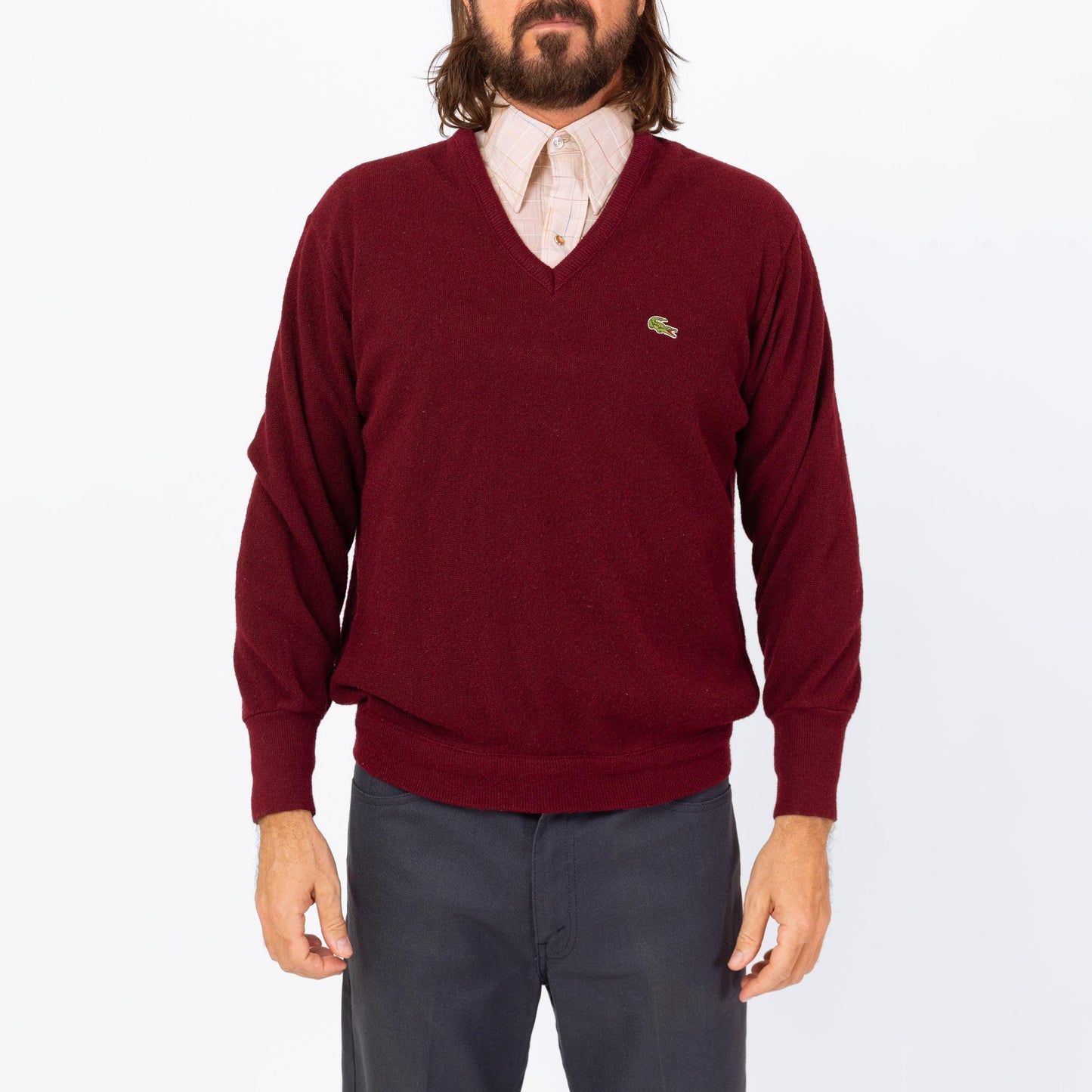 Vintage 80s Izod Lacoste Wine Red V Neck Sweater - Large | Preppy Burgundy Pullover Jumper
