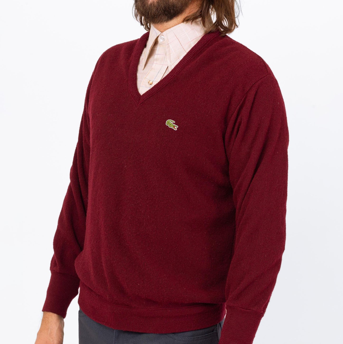Vintage 80s Izod Lacoste Wine Red V Neck Sweater - Large | Preppy Burgundy Pullover Jumper