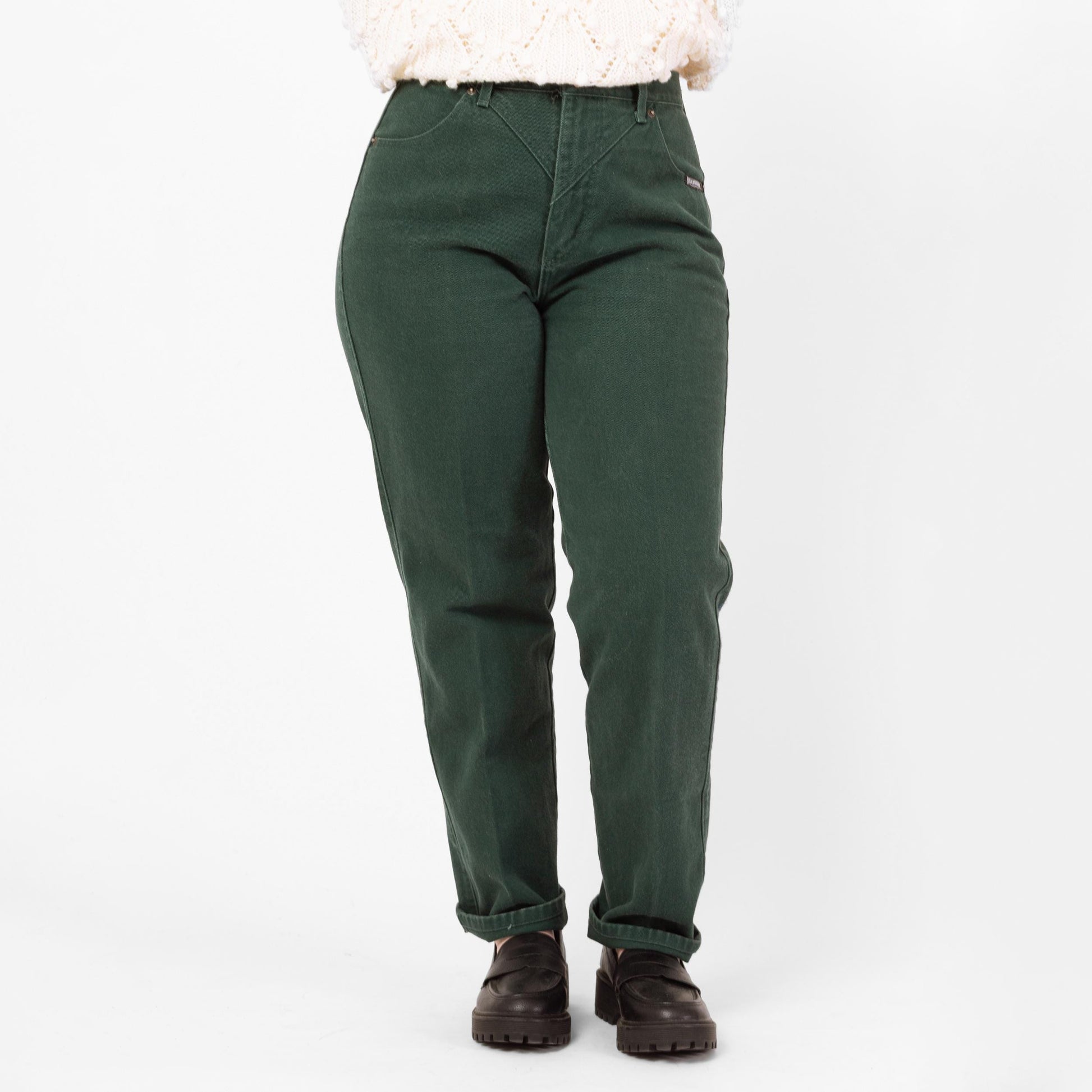 Vintage 90s Roughrider Western Forest Green Concho Jeans - Large, 32" Waist | Circle T High Waisted Denim Tapered Leg Mom Jeans