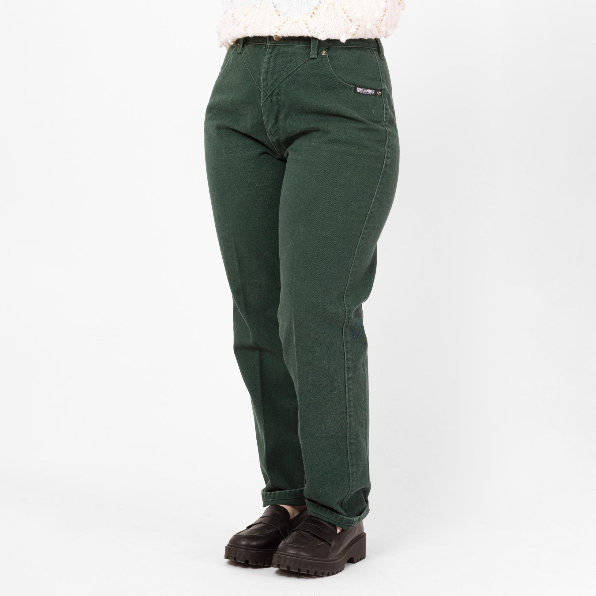 Vintage 90s Roughrider Western Forest Green Concho Jeans - Large, 32" Waist | Circle T High Waisted Denim Tapered Leg Mom Jeans