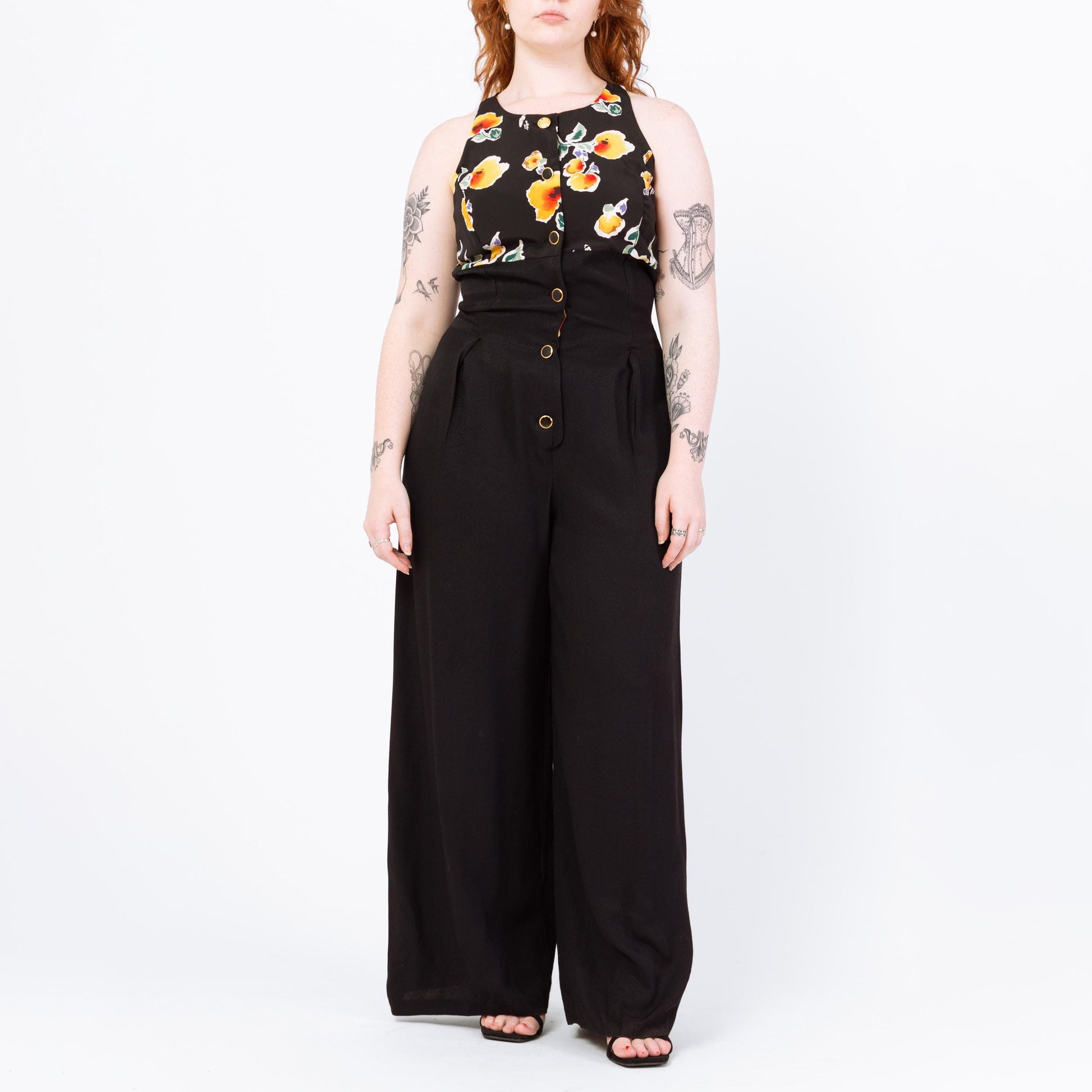 Vintage 90s Black Floral Wide Leg Jumpsuit - Medium | Boho Sleeveless Flared Leg Disco Palazzo Pantsuit