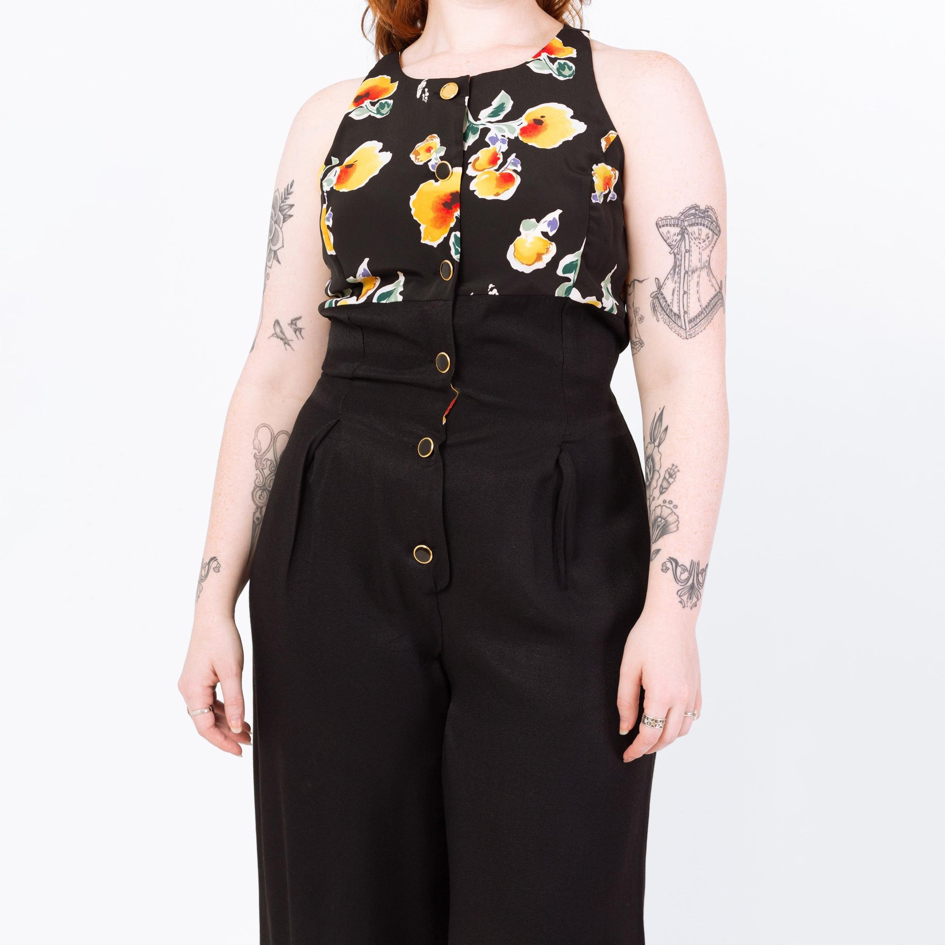 Vintage 90s Black Floral Wide Leg Jumpsuit - Medium | Boho Sleeveless Flared Leg Disco Palazzo Pantsuit