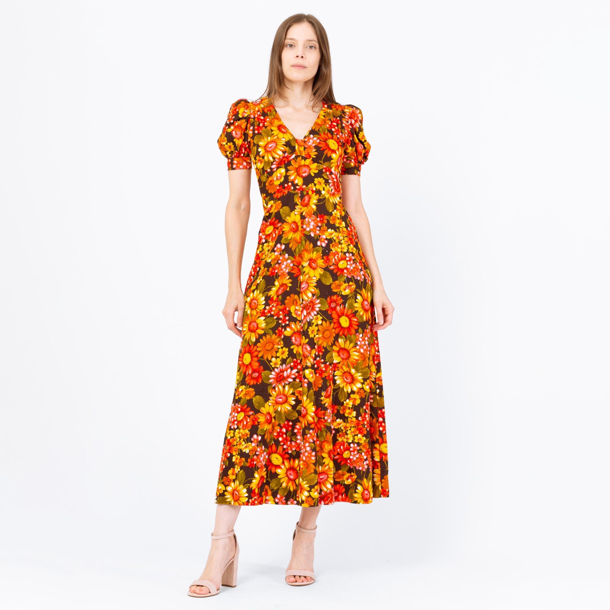 Vintage 70s Sunflower Print Puff Sleeve Prairie Maxi Dress - Extra Small | Boho Hawaiian Barkcloth Floral Hippie Gown