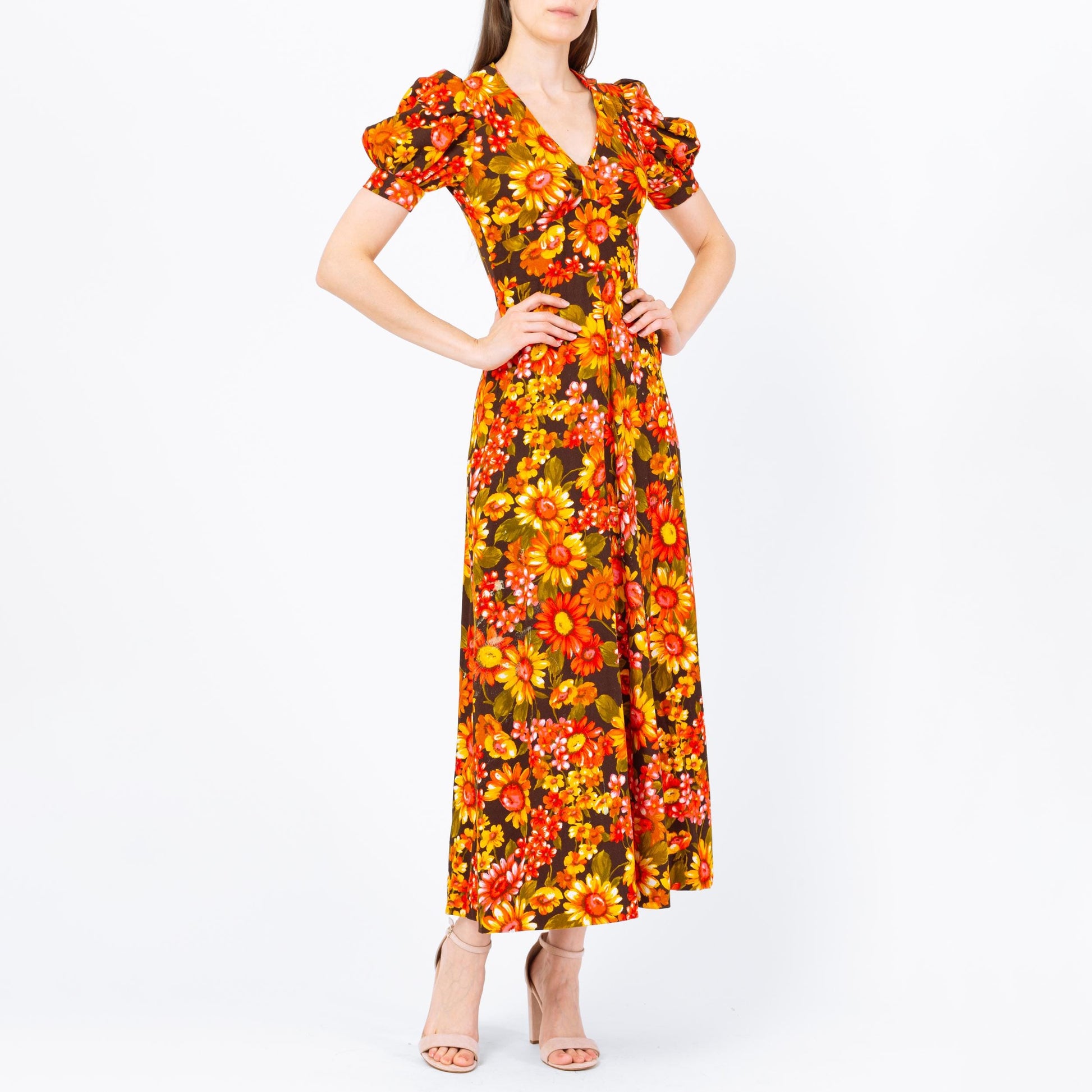 Vintage 70s Sunflower Print Puff Sleeve Prairie Maxi Dress - Extra Small | Boho Hawaiian Barkcloth Floral Hippie Gown