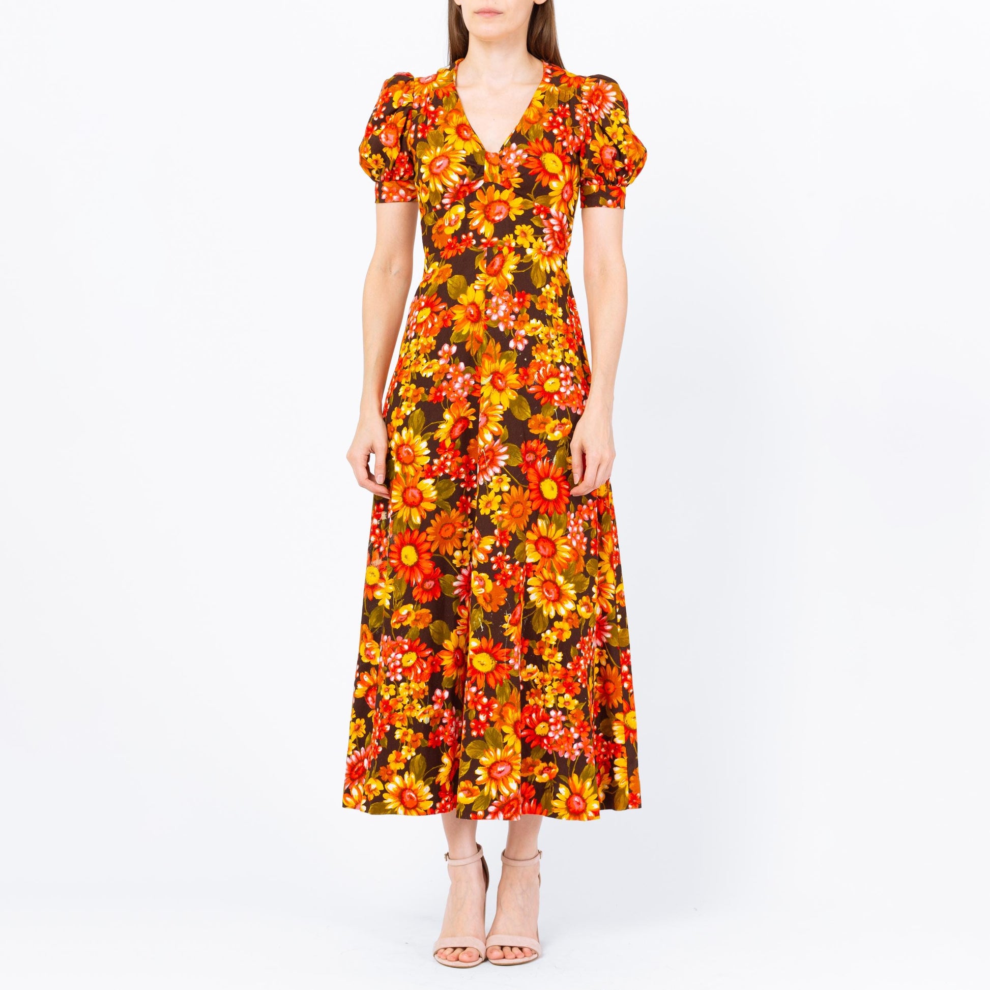 Vintage 70s Sunflower Print Puff Sleeve Prairie Maxi Dress - Extra Small | Boho Hawaiian Barkcloth Floral Hippie Gown