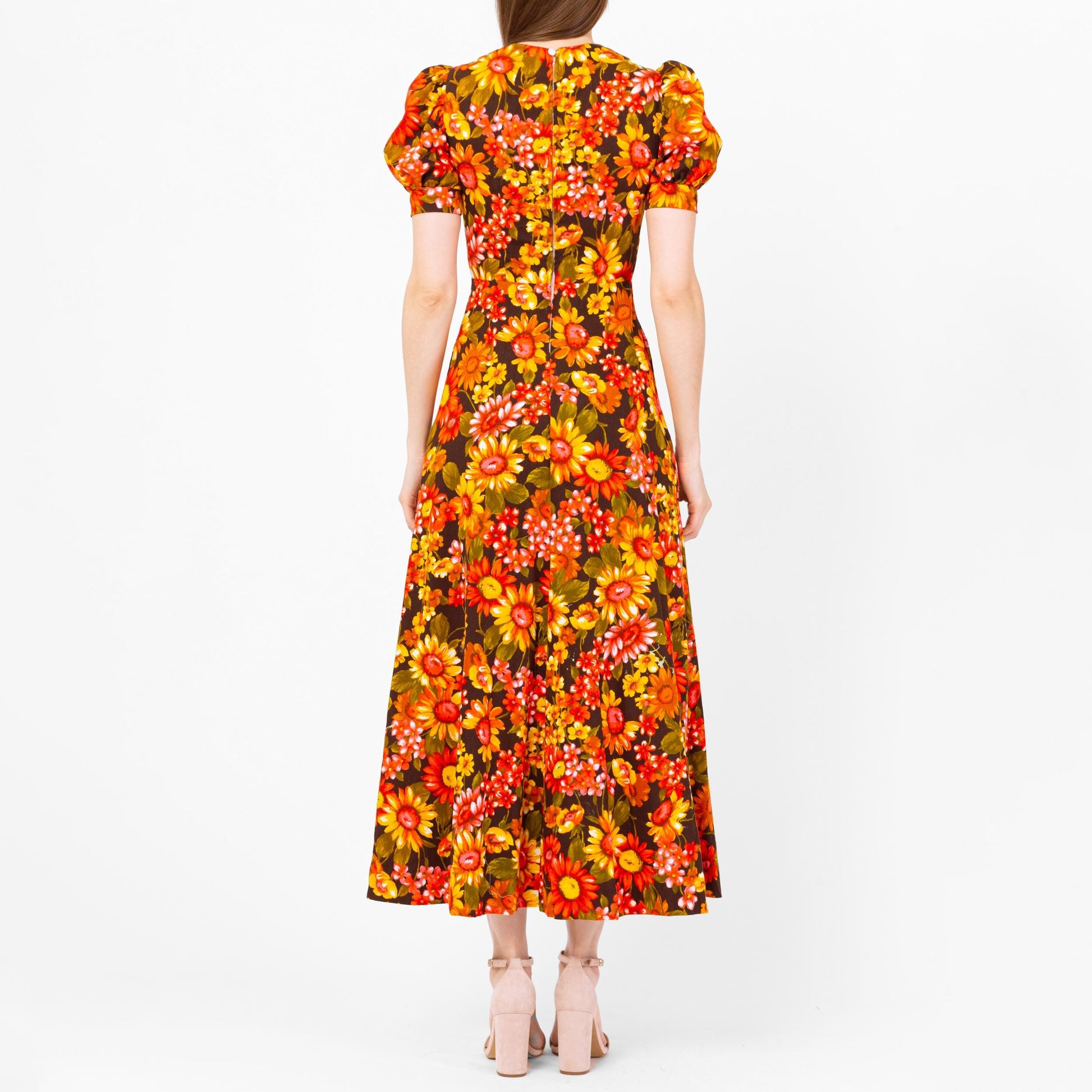 Vintage 70s Sunflower Print Puff Sleeve Prairie Maxi Dress - Extra Small | Boho Hawaiian Barkcloth Floral Hippie Gown