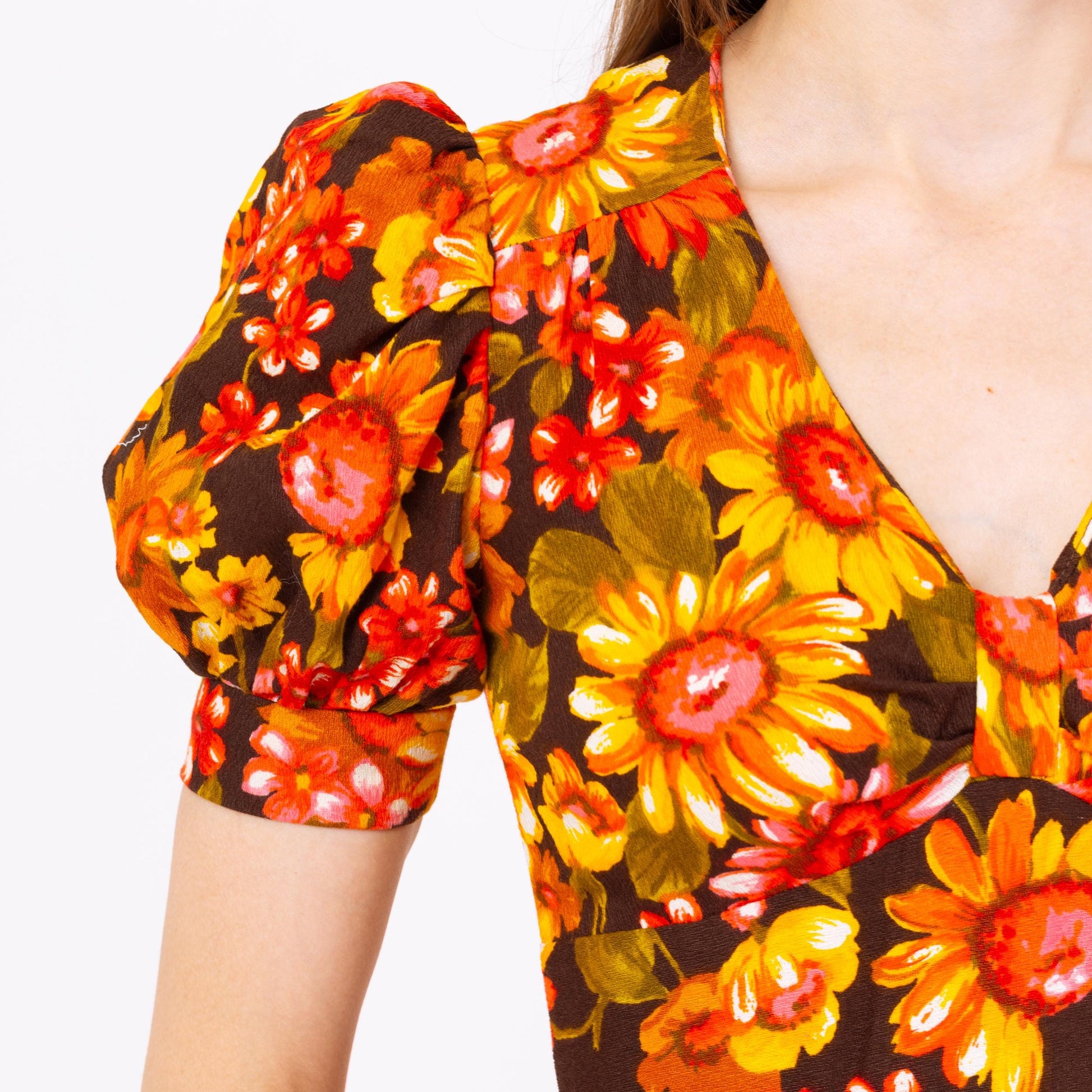 Vintage 70s Sunflower Print Puff Sleeve Prairie Maxi Dress - Extra Small | Boho Hawaiian Barkcloth Floral Hippie Gown