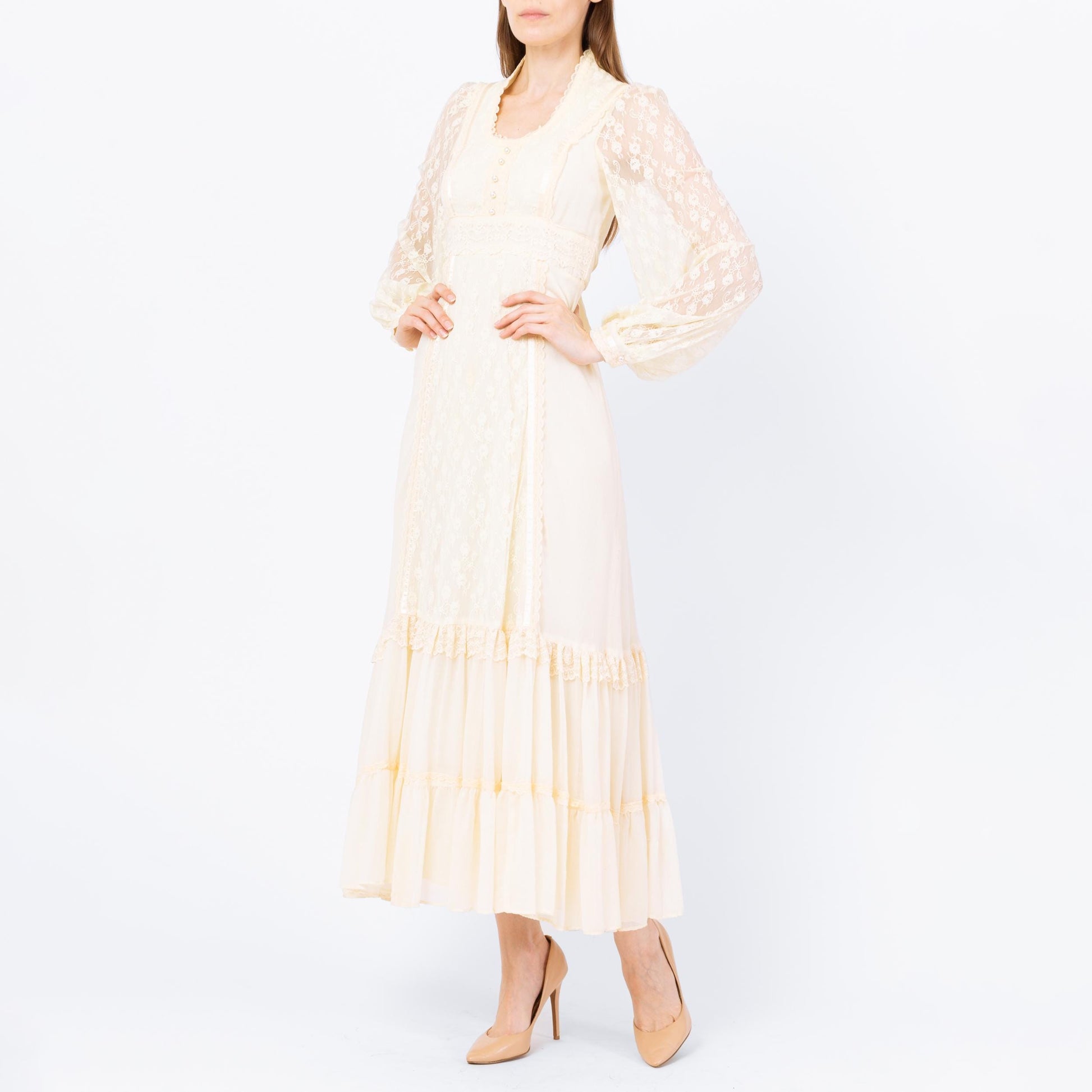 Vintage 70s Gunne Sax Cream Lace Prairie Maxi Dress - Extra Small | Boho Sheer Balloon Sleeve Renaissance Hippie Wedding Gown
