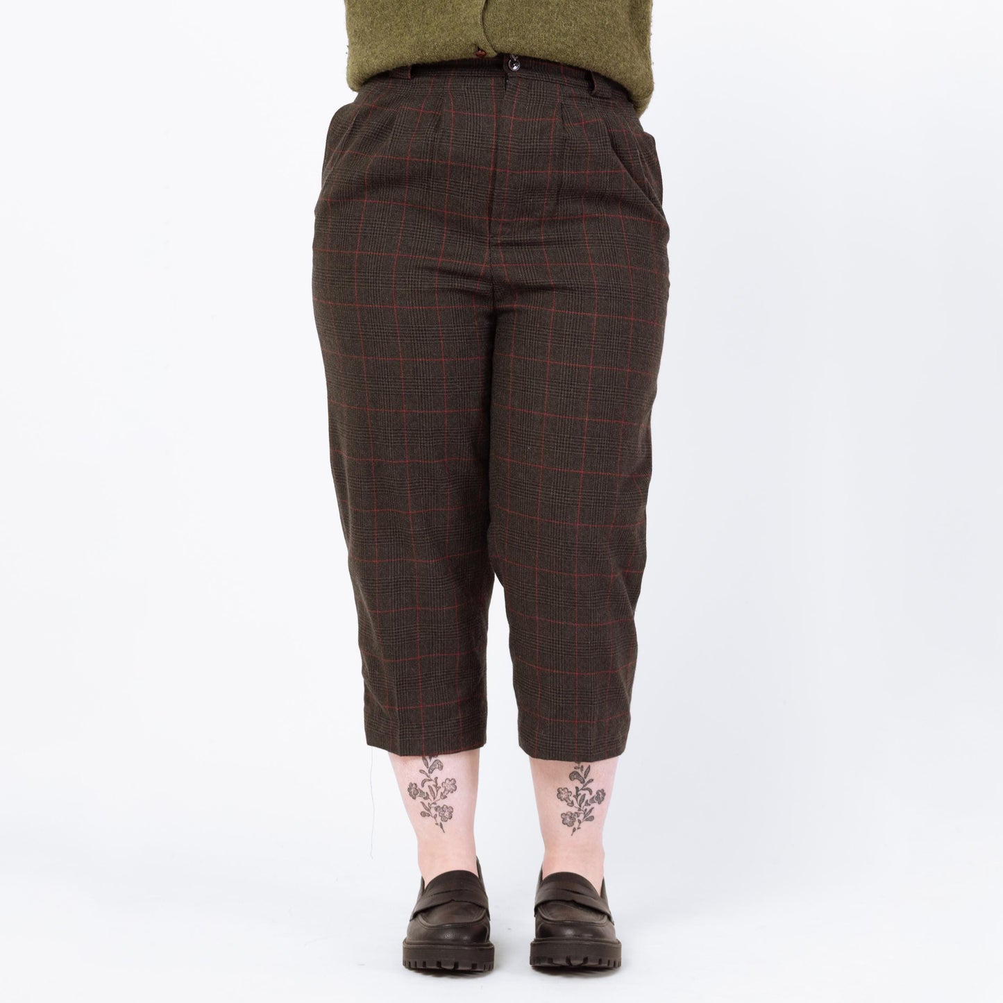 Vintage 80s Dark Grey Plaid Wool Cropped Trousers - Large, 31.5" Waist | Retro High Rise Capris Ankle Pants