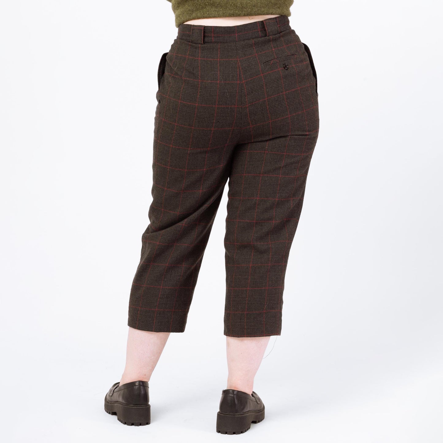 Vintage 80s Dark Grey Plaid Wool Cropped Trousers - Large, 31.5" Waist | Retro High Rise Capris Ankle Pants