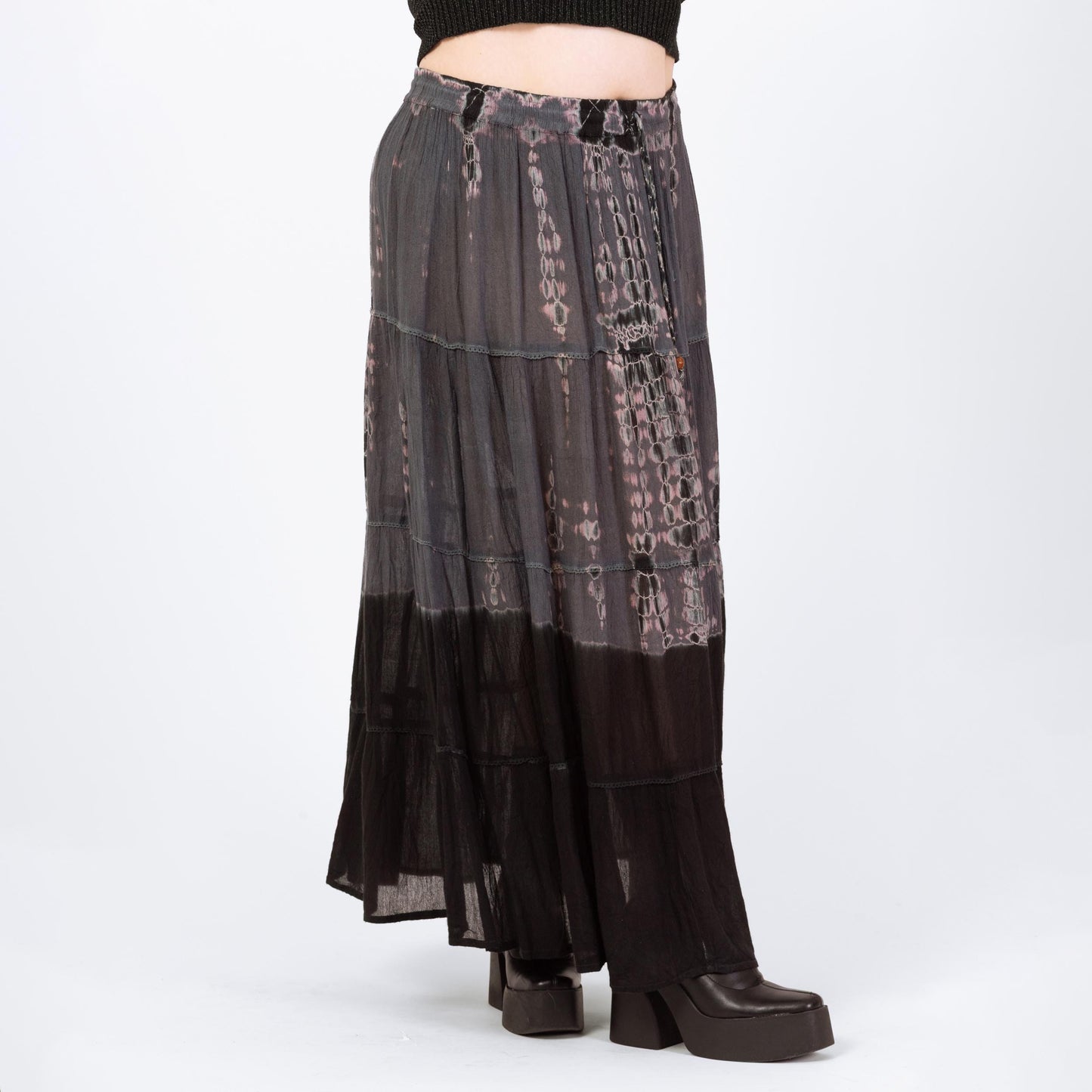 Vintage 90s Boho Tie Dye Maxi Broomstick Skirt - Extra Large | Boho Whimsigoth Black & Gray Shibori Pleated Grunge Skirt