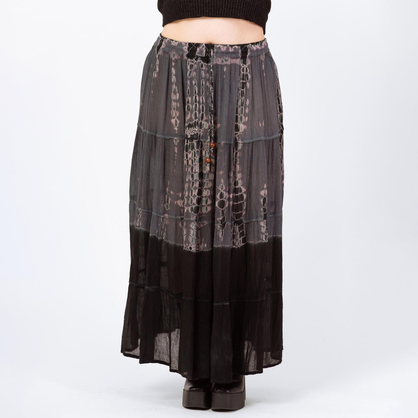 Vintage 90s Boho Tie Dye Maxi Broomstick Skirt - Extra Large | Boho Whimsigoth Black & Gray Shibori Pleated Grunge Skirt