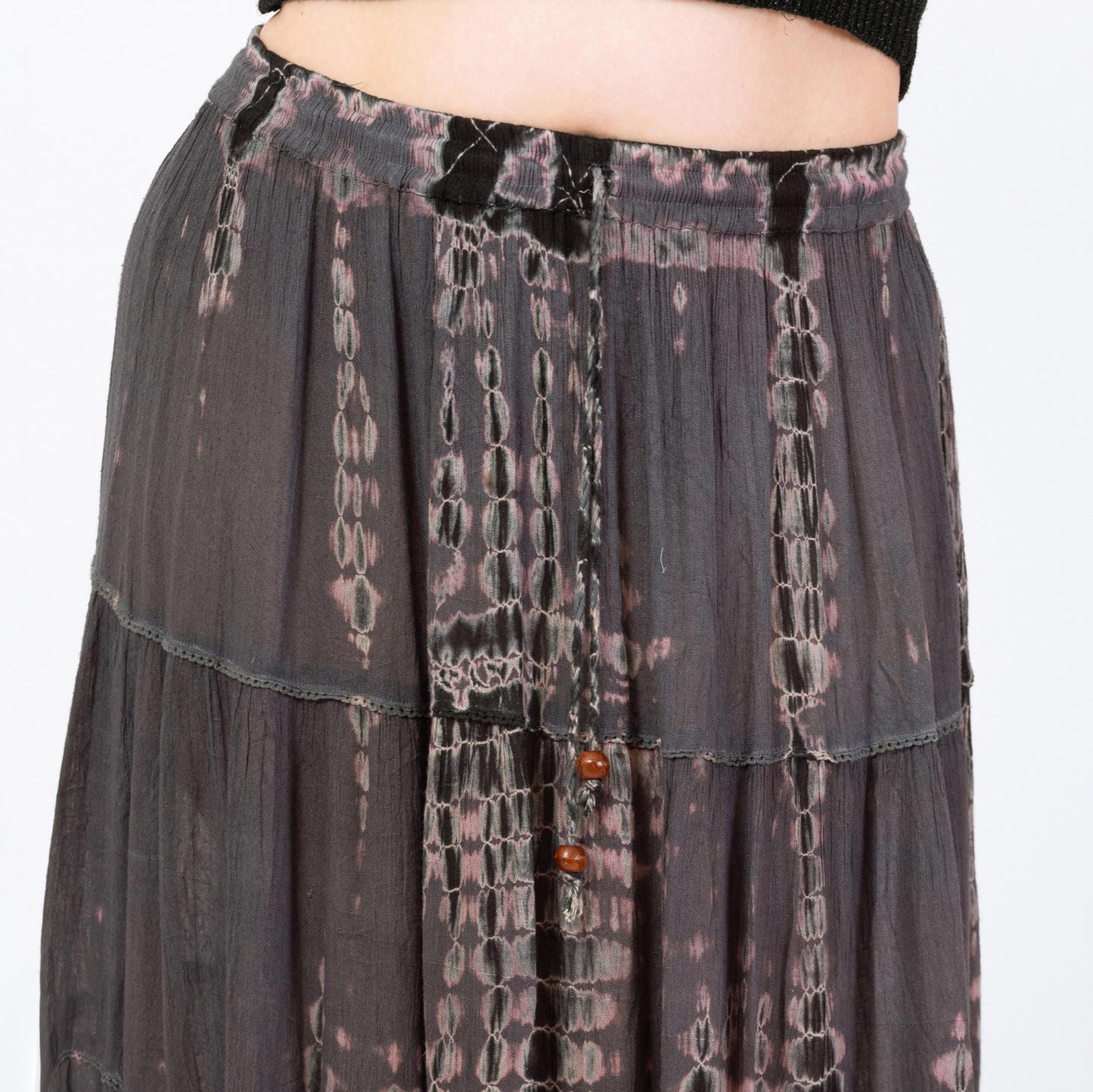 Vintage 90s Boho Tie Dye Maxi Broomstick Skirt - Extra Large | Boho Whimsigoth Black & Gray Shibori Pleated Grunge Skirt