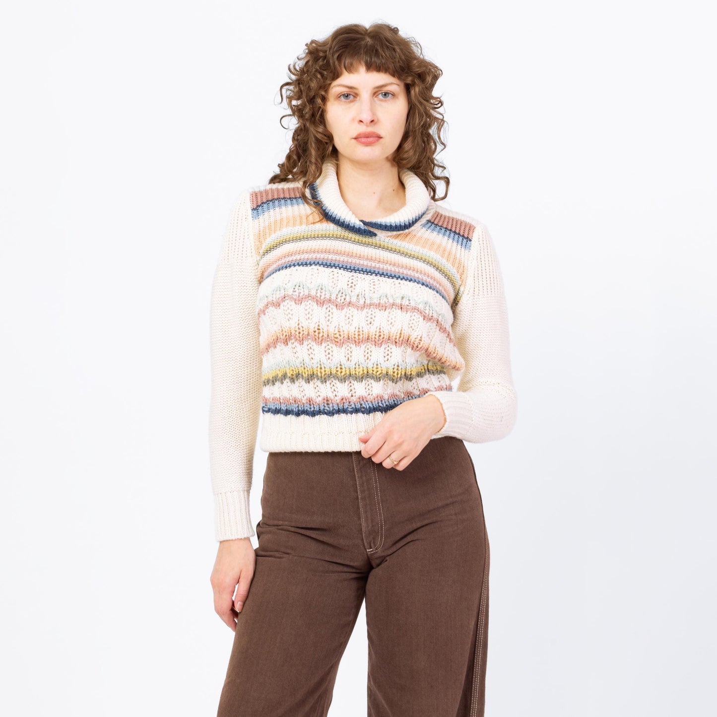 Vintage 70s Pastel Striped Shawl Collar Sweater Top - Medium | Retro Collared Knit Pullover