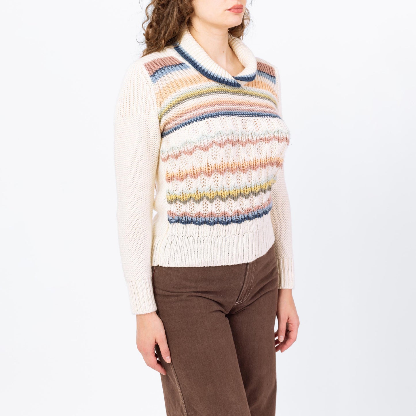 Vintage 70s Pastel Striped Shawl Collar Sweater Top - Medium | Retro Collared Knit Pullover