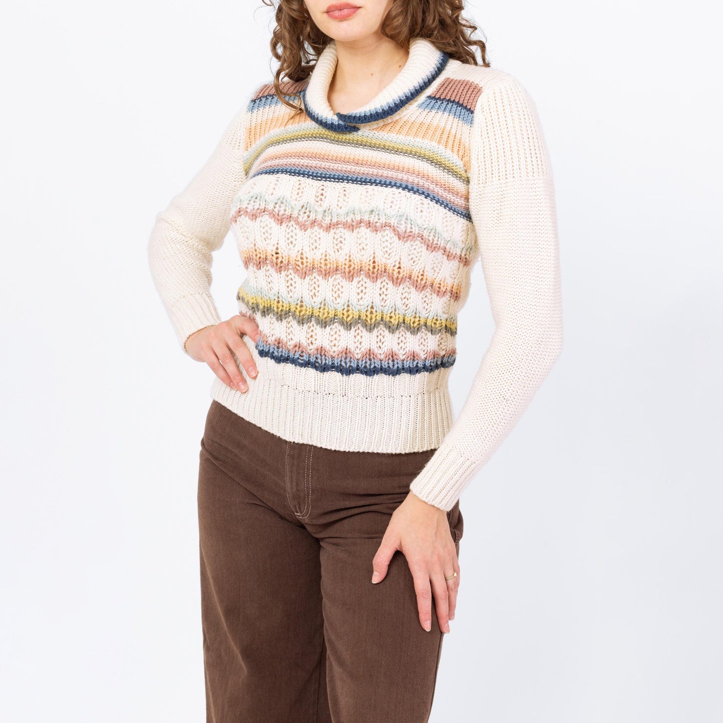 Vintage 70s Pastel Striped Shawl Collar Sweater Top - Medium | Retro Collared Knit Pullover