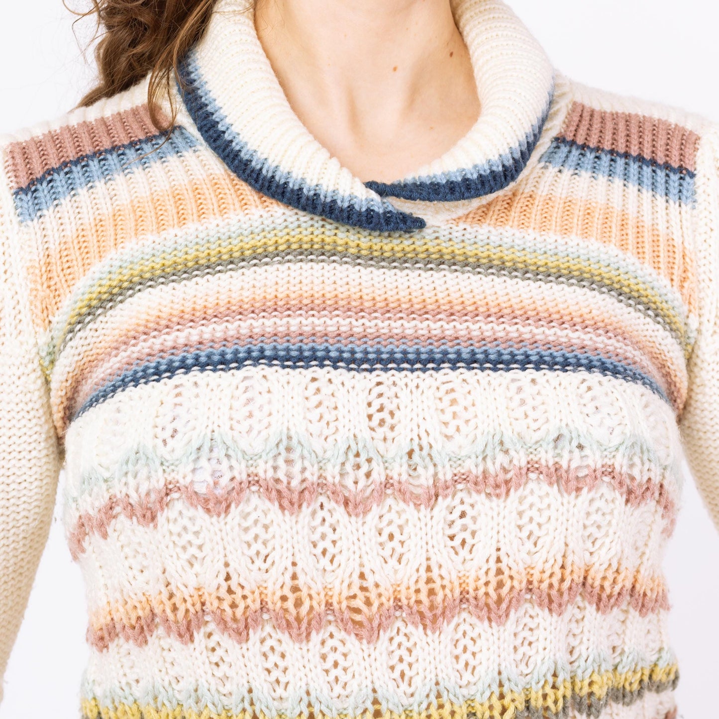 Vintage 70s Pastel Striped Shawl Collar Sweater Top - Medium | Retro Collared Knit Pullover