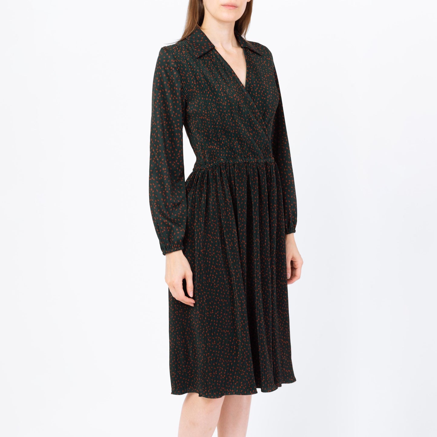 Vintage 70s Plisse Dark Forest Green Midi Dress - Medium | Hal Ferman A Line Pleated Fitted Waist Dress
