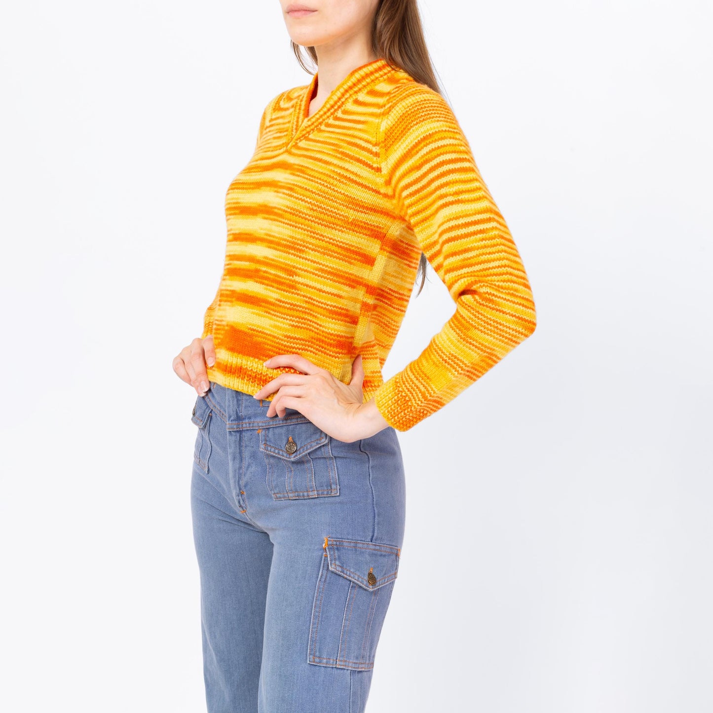Vintage 70s Orange Space Dye Knit Sweater - Petite Extra Small | Mod Striped V Neck Pullover
