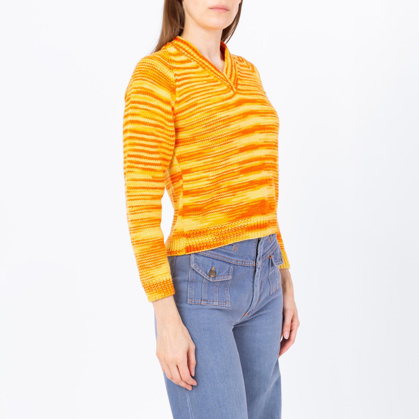 Vintage 70s Orange Space Dye Knit Sweater - Petite Extra Small | Mod Striped V Neck Pullover