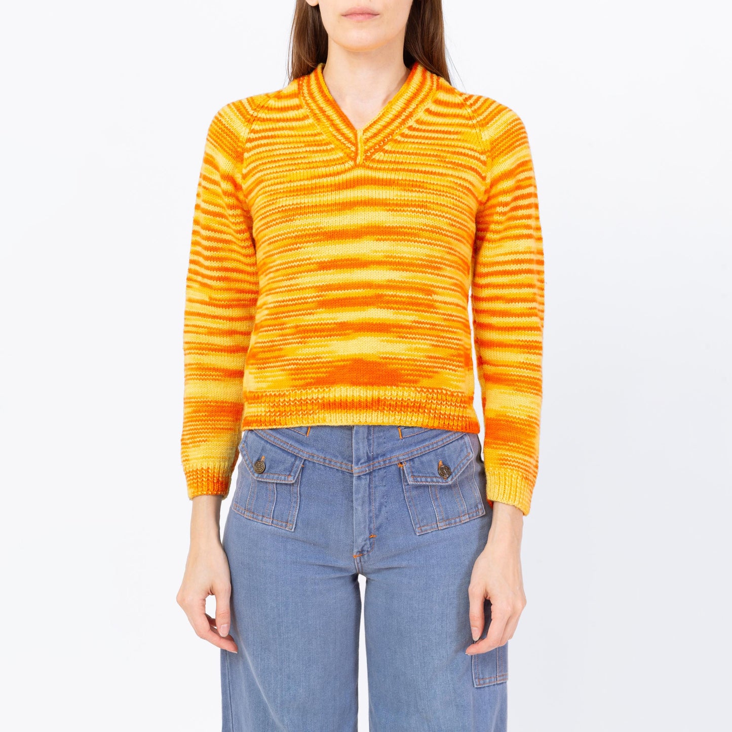 Vintage 70s Orange Space Dye Knit Sweater - Petite Extra Small | Mod Striped V Neck Pullover